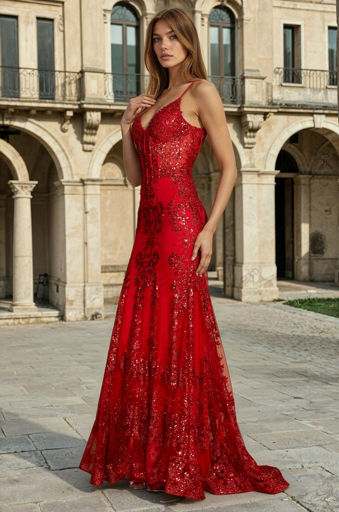 Fitted Sequins Corset Prom Dress Formal Evening Gown in Red
