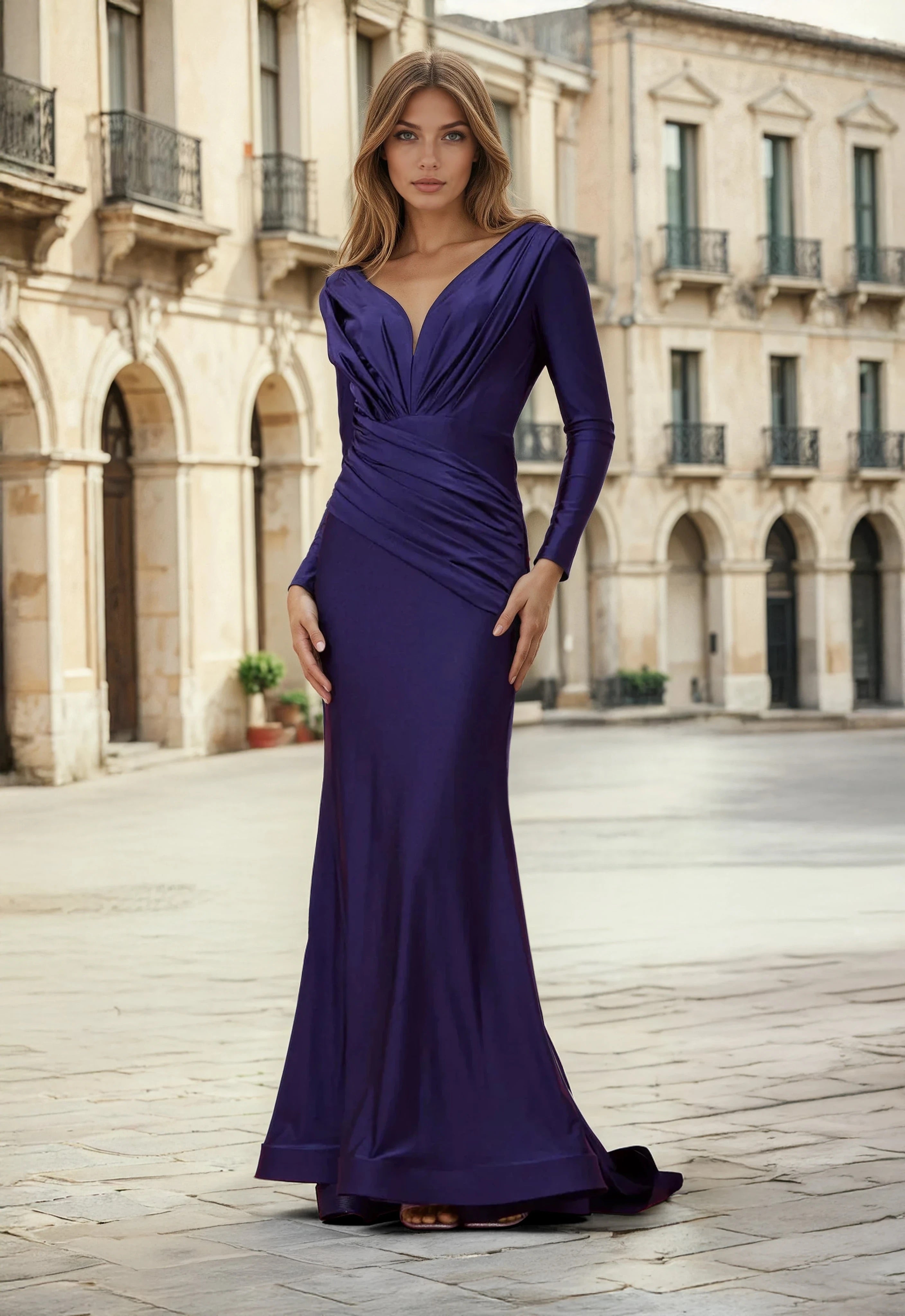 Dylan & Davids Satin Long Sleeve Formal Fitted Evening Gown in Navy