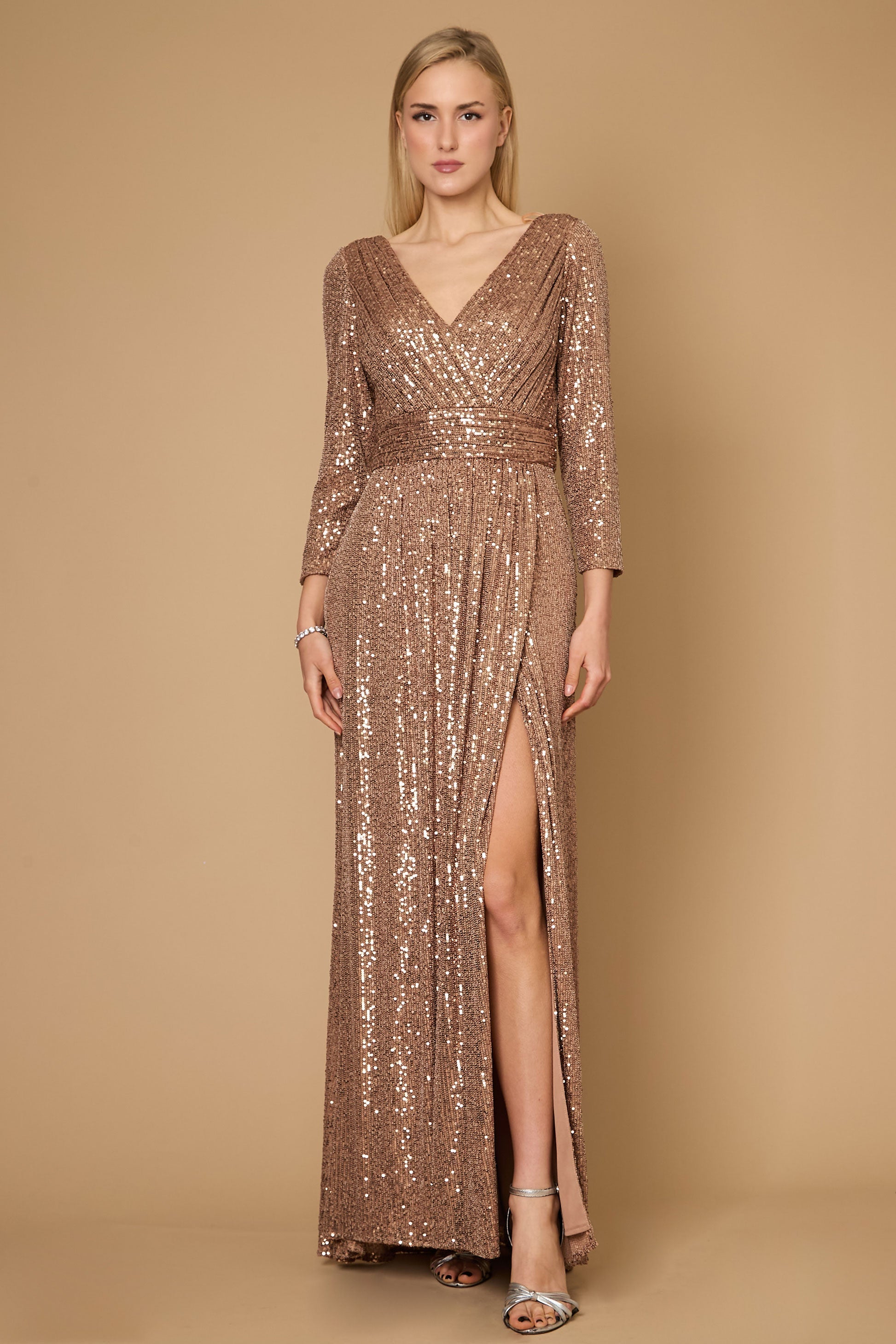 Long Sleeve Sequin Formal Hand Beaded Dress