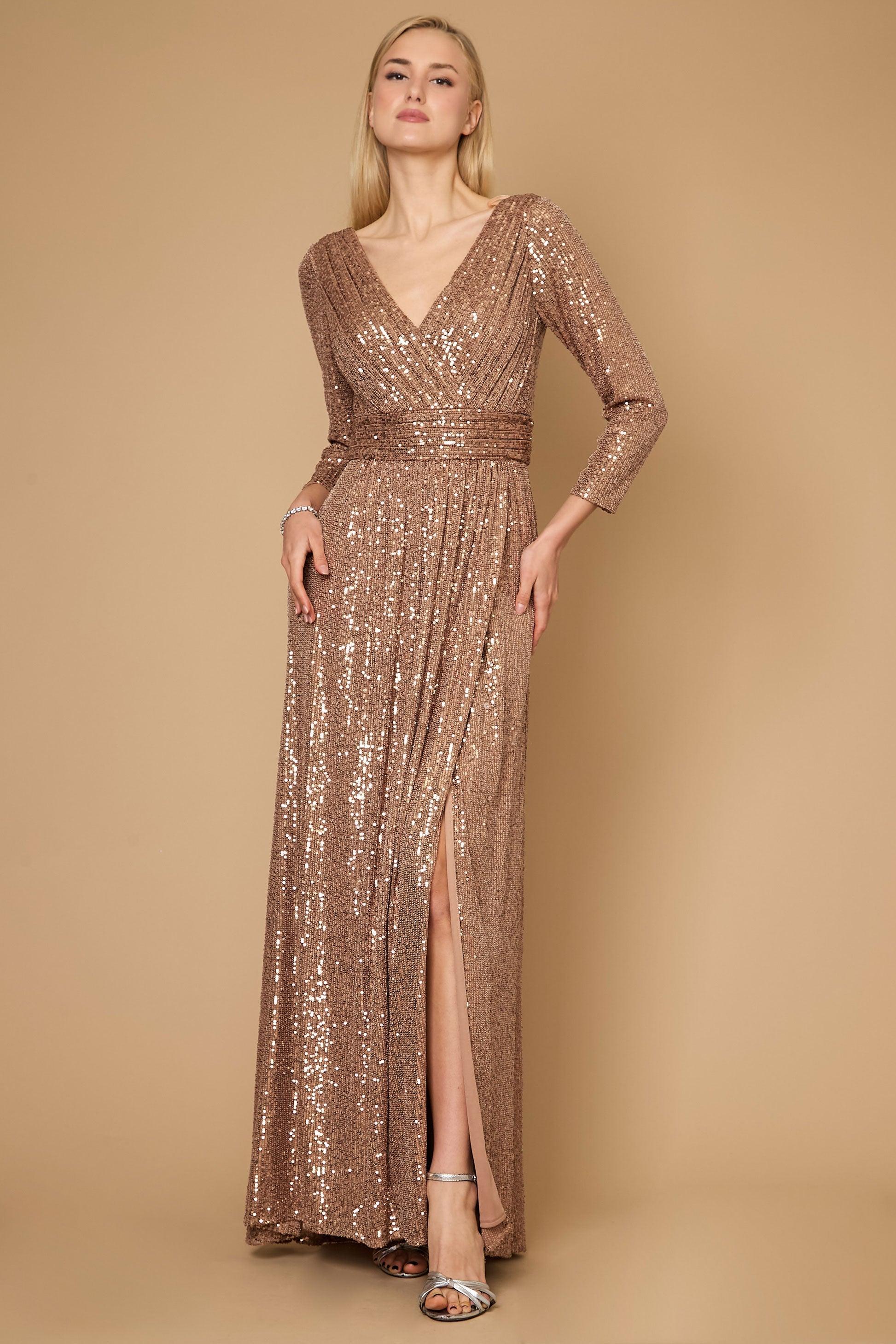 Long Sleeve Sequin Formal Hand Beaded Dress