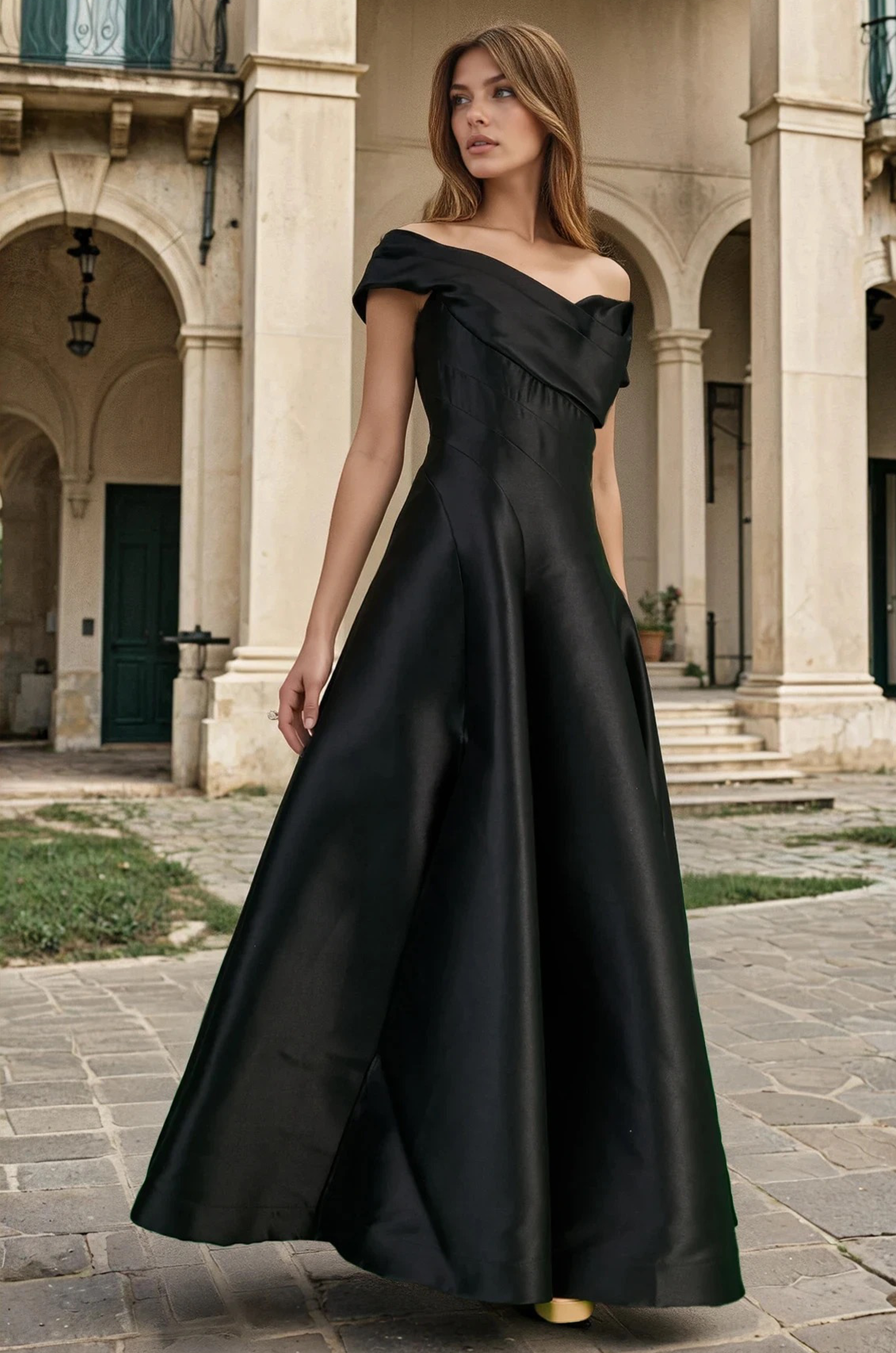 Satin One Shoulder Long Prom Ball Gown Evening Dress in Black