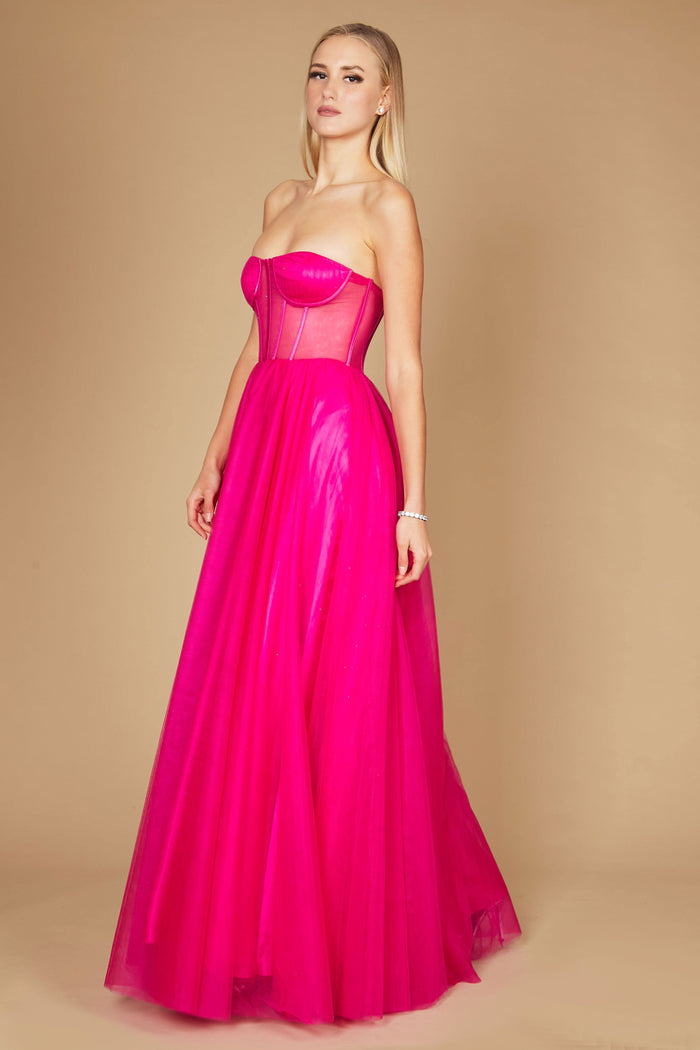 A stunning fuchsia corset prom party dress featuring intricate detailing, designed for formal occasions, with a flowing ball gown silhouette that exudes elegance and sophistication.