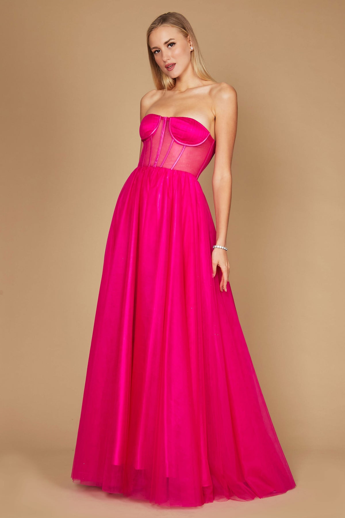 A stunning fuchsia corset prom party dress featuring intricate detailing, designed for formal occasions, with a flowing ball gown silhouette that exudes elegance and sophistication.