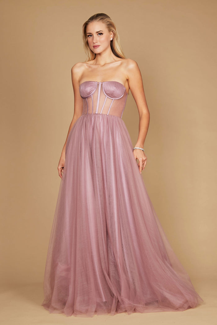 A stunning mauve corset prom party dress featuring intricate detailing, designed for formal occasions, with a flowing ball gown silhouette that exudes elegance and sophistication.