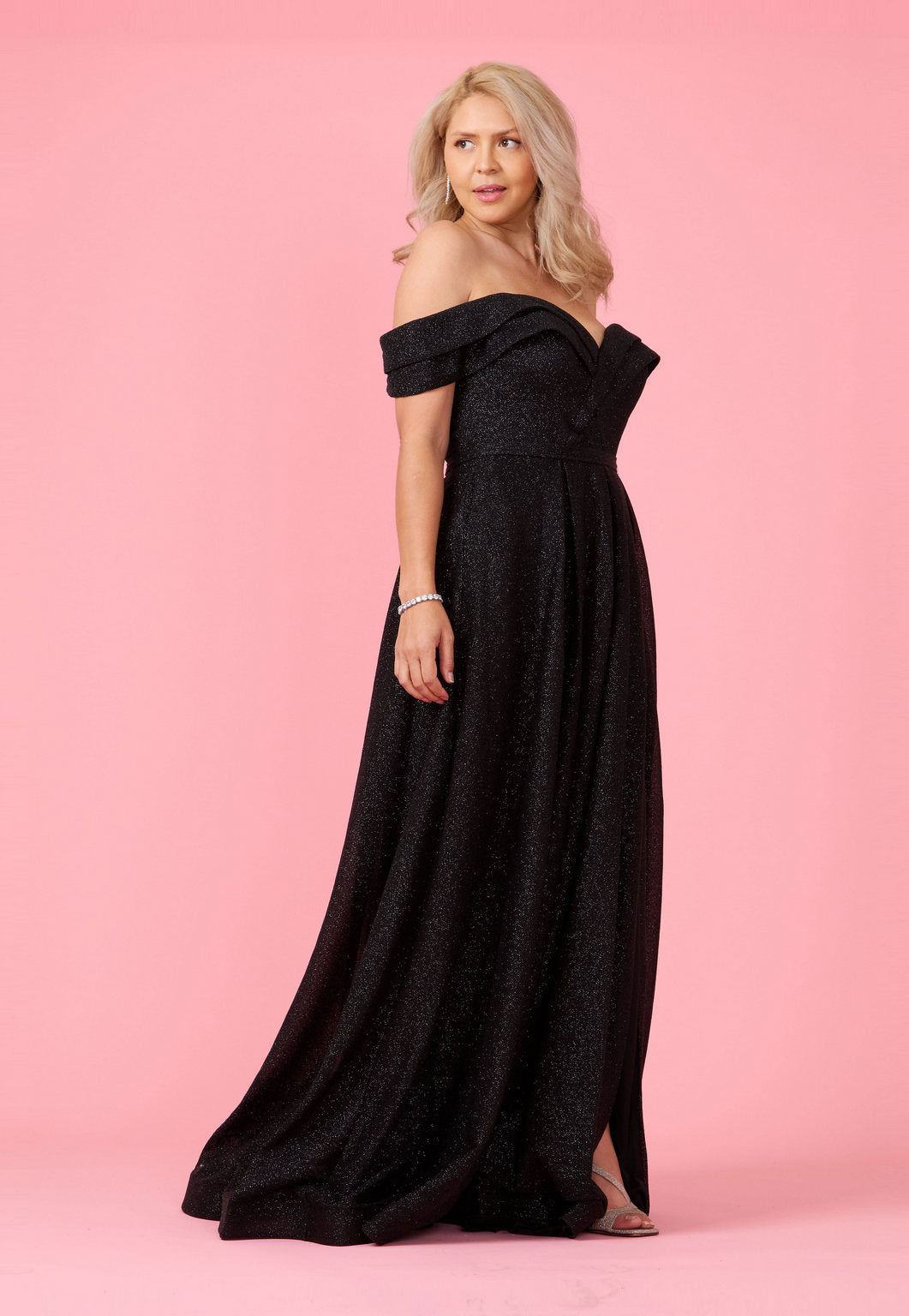 Long Off Shoulder Glitter Prom Dress