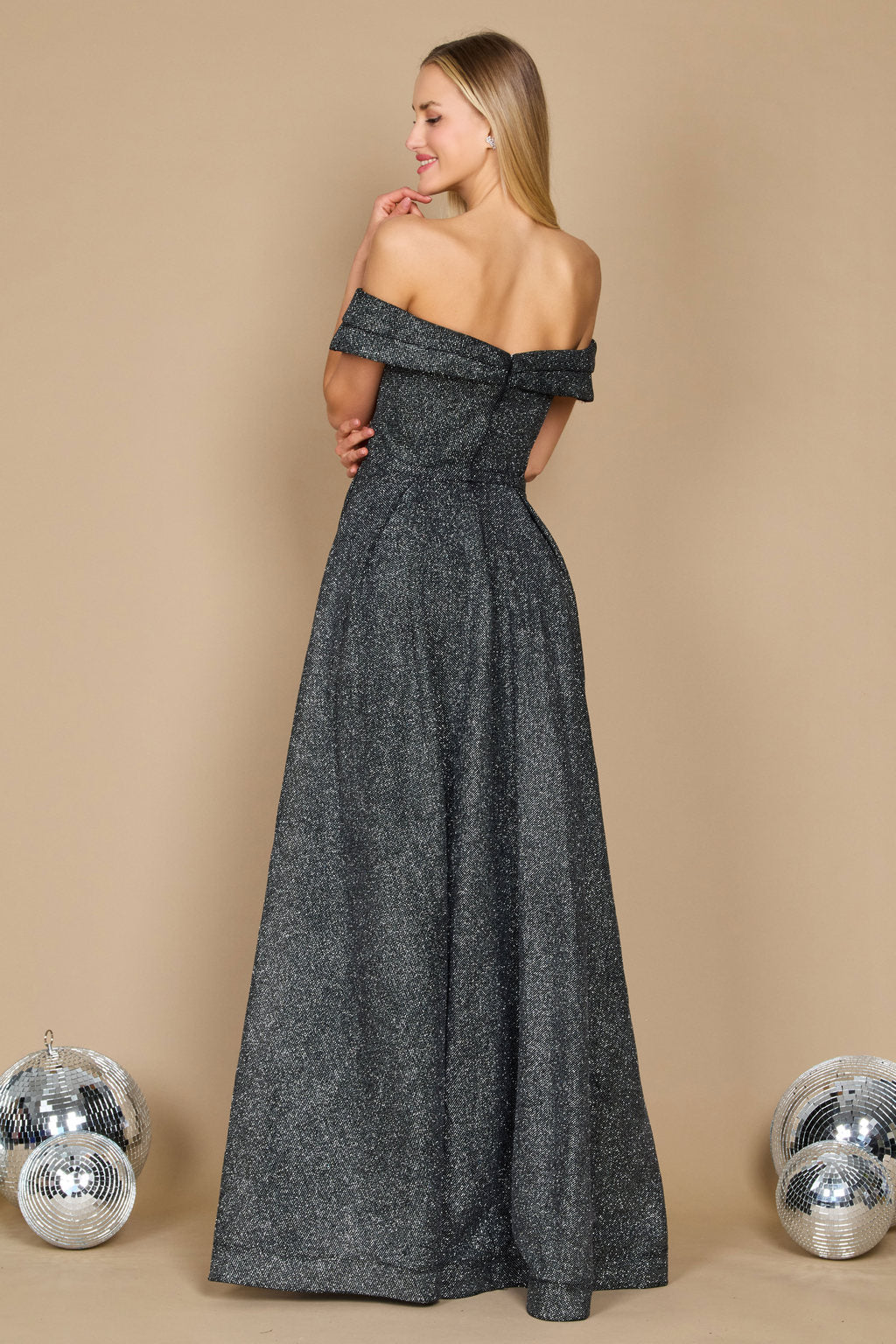 Long Off Shoulder Glitter Prom Dress