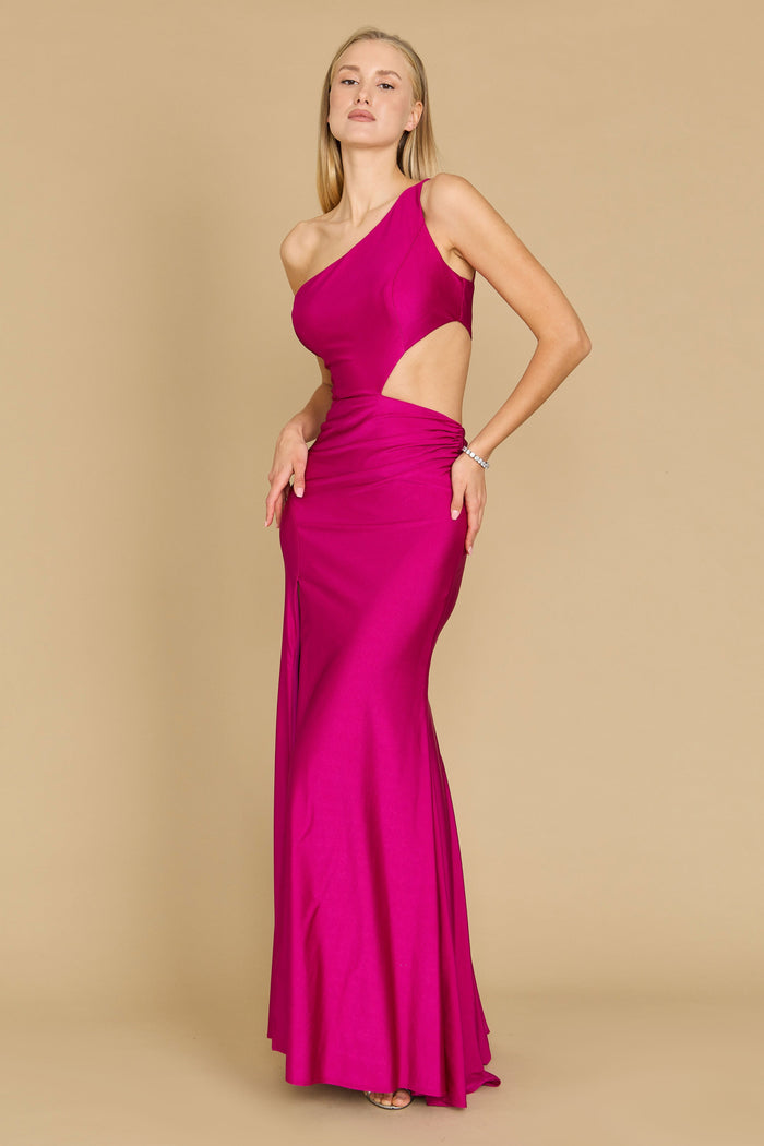 A stunning magenta prom dress featuring elegant side cutouts, designed for a glamorous and sophisticated look.