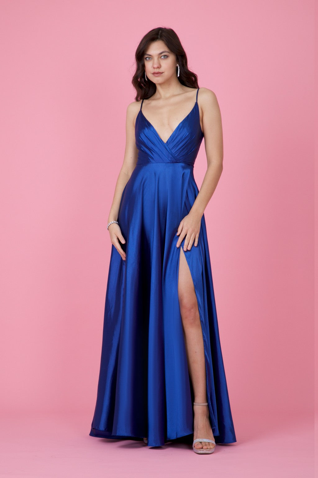 A stunning teal long flowy satin formal prom party dress, featuring elegant draping and a flattering silhouette, perfect for a glamorous evening event.