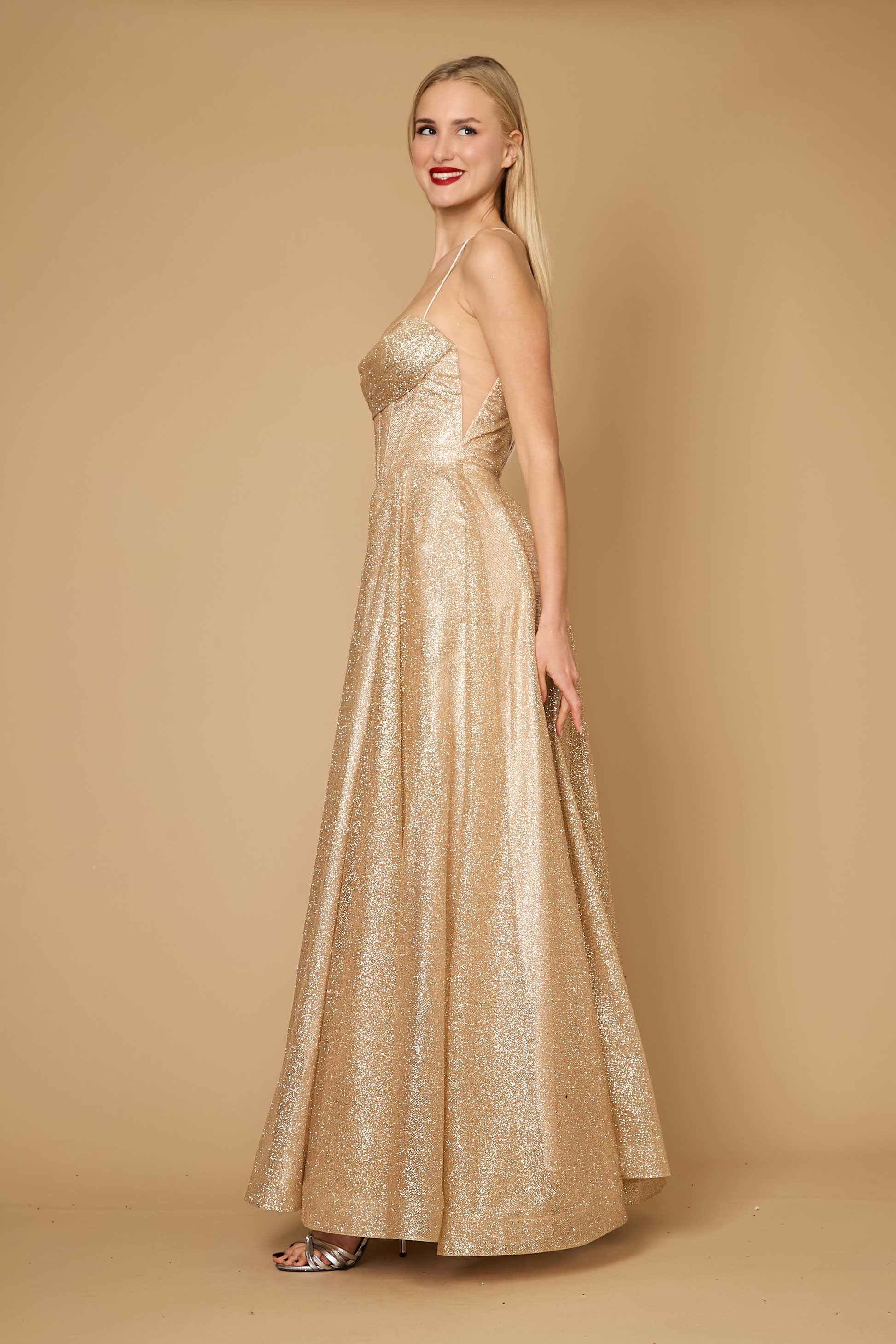A stunning long gold prom dress featuring a sparkling cowl neckline and a fitted corset bodice, elegantly flowing to the floor.