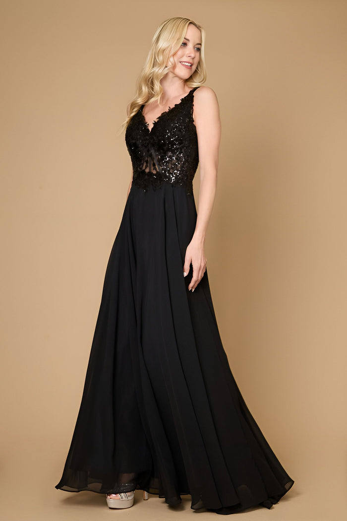 Elegant black formal dress for the mother of the bride, featuring long thick straps and a sophisticated design.