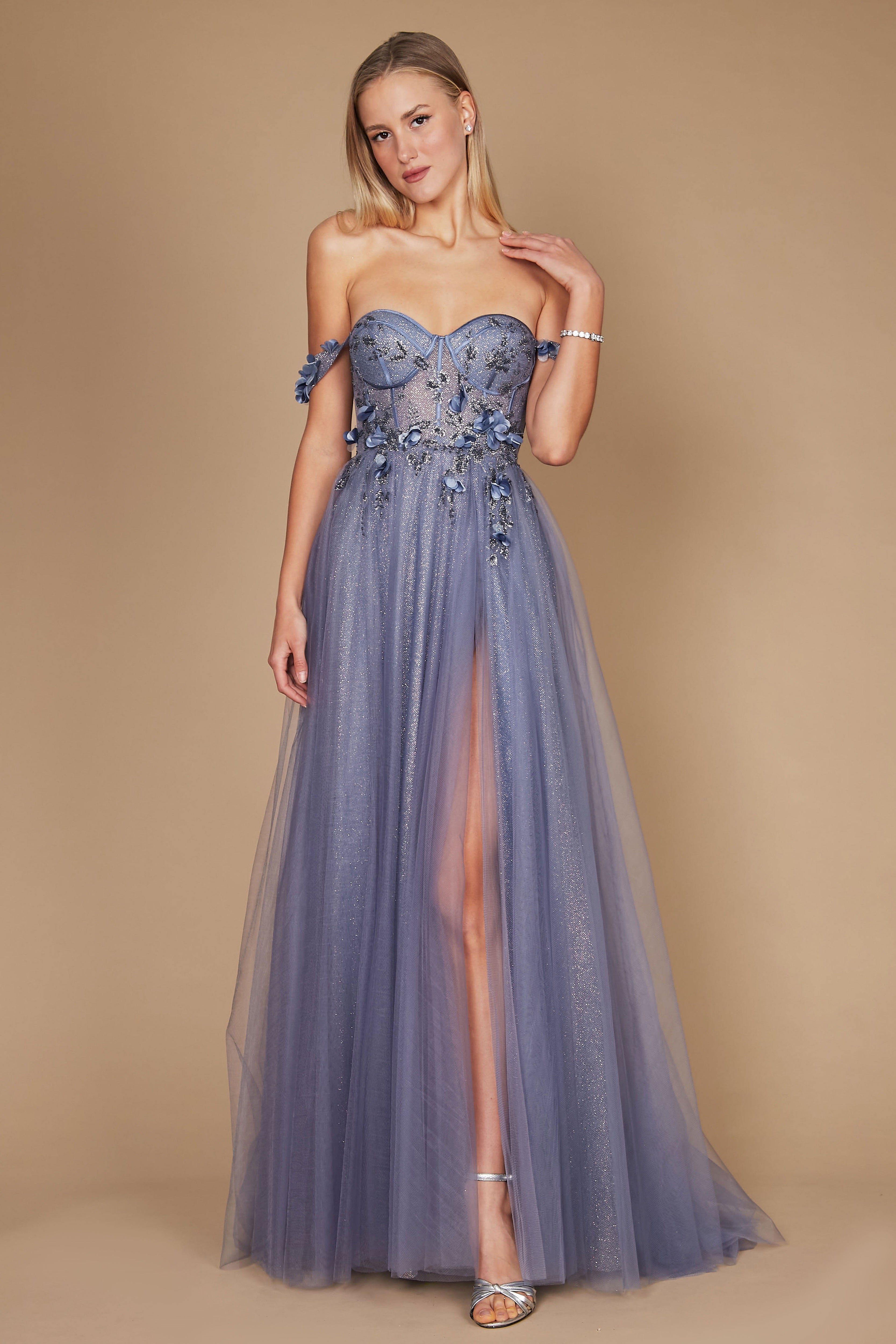 Prom Dresses Long Strapless Floral Off Shoulder Formal Prom Dress Periwinkle Blue