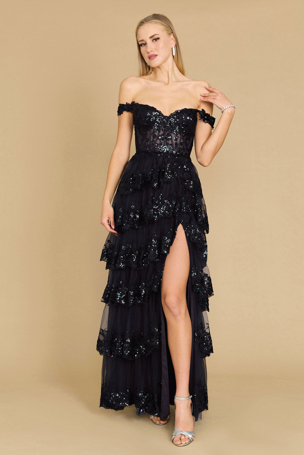 Long Sequin Sheer Corset Prom Dress