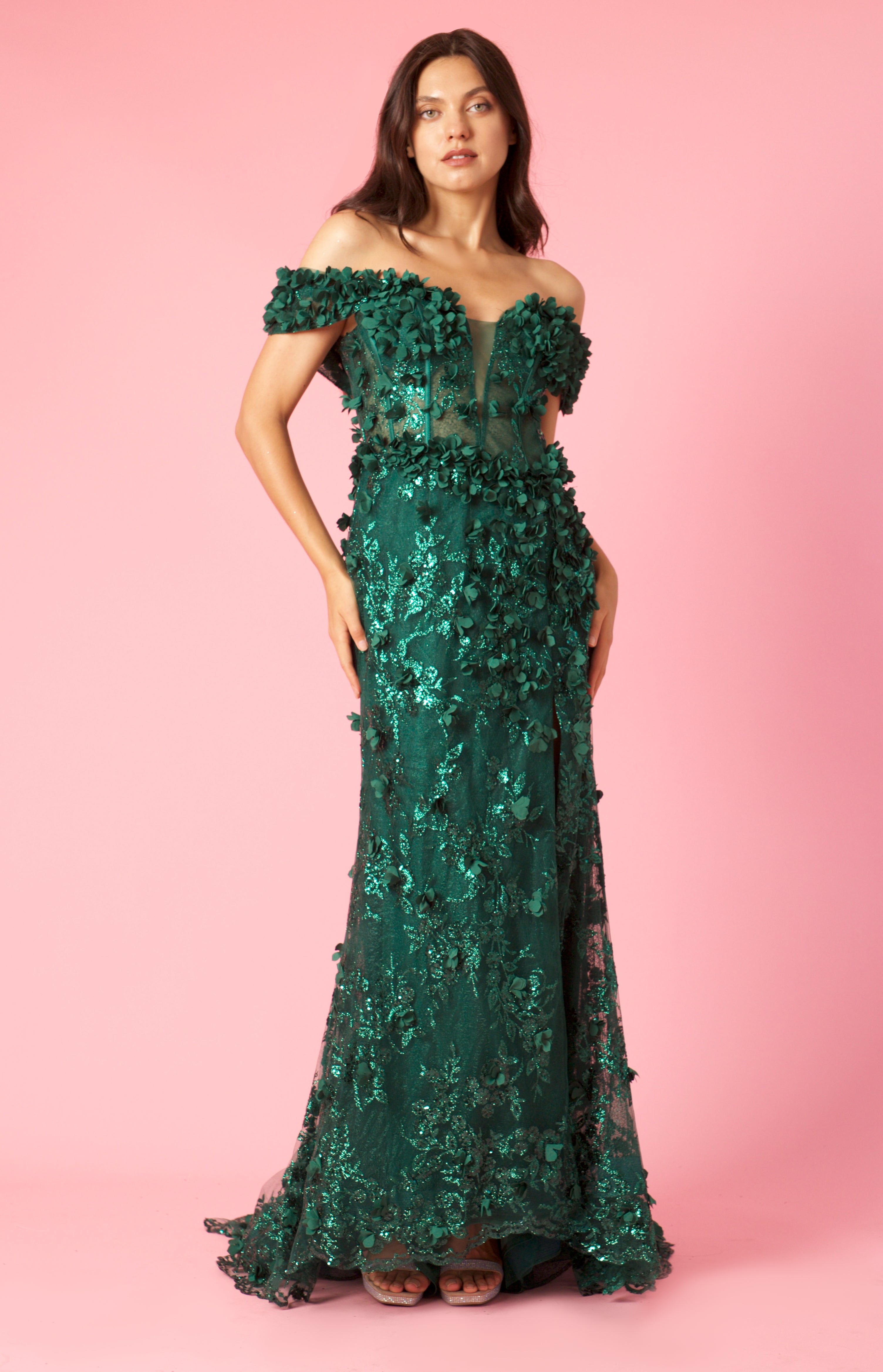 Emerald Green Long Formal Off the Shoulder 3D Floral Corset Dress for