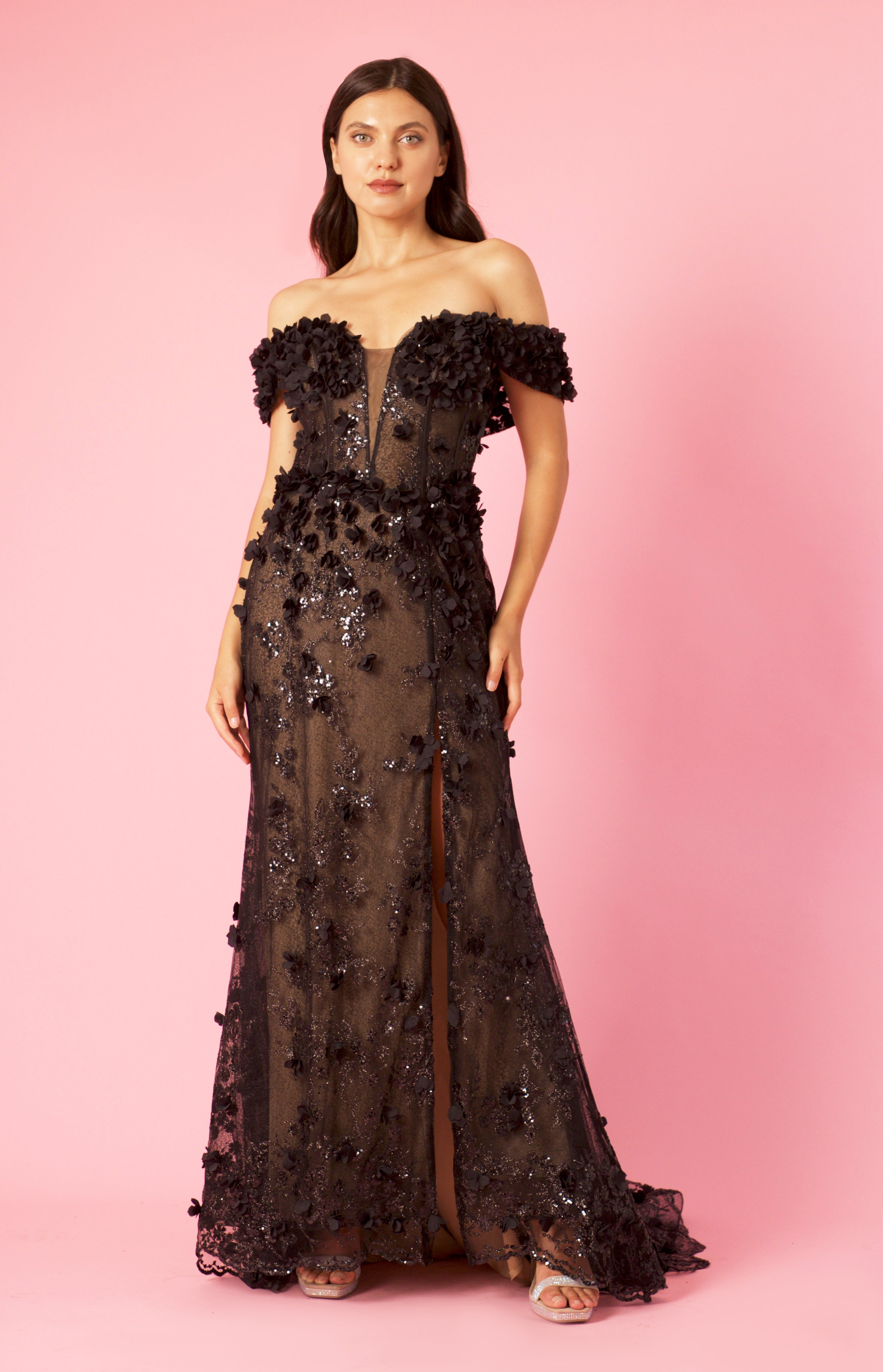 Formal Dresses Long Formal Off the Shoulder 3D Floral Corset Dress Black