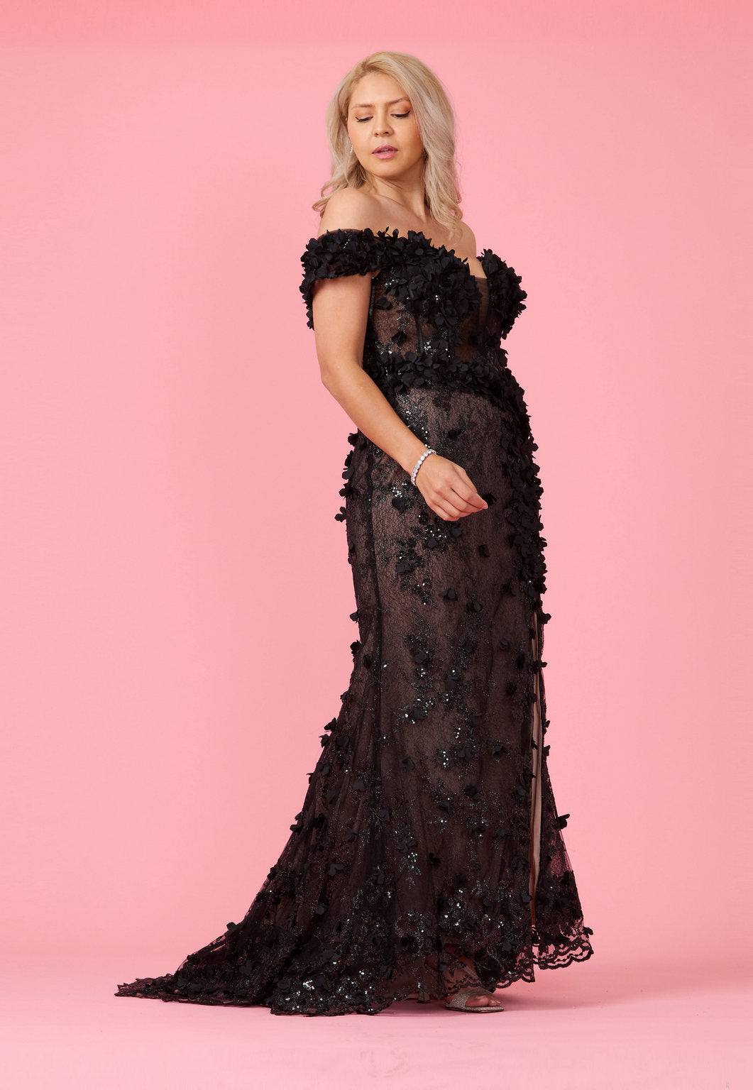 Formal Dresses Long Formal Off the Shoulder 3D Floral Corset Dress Black