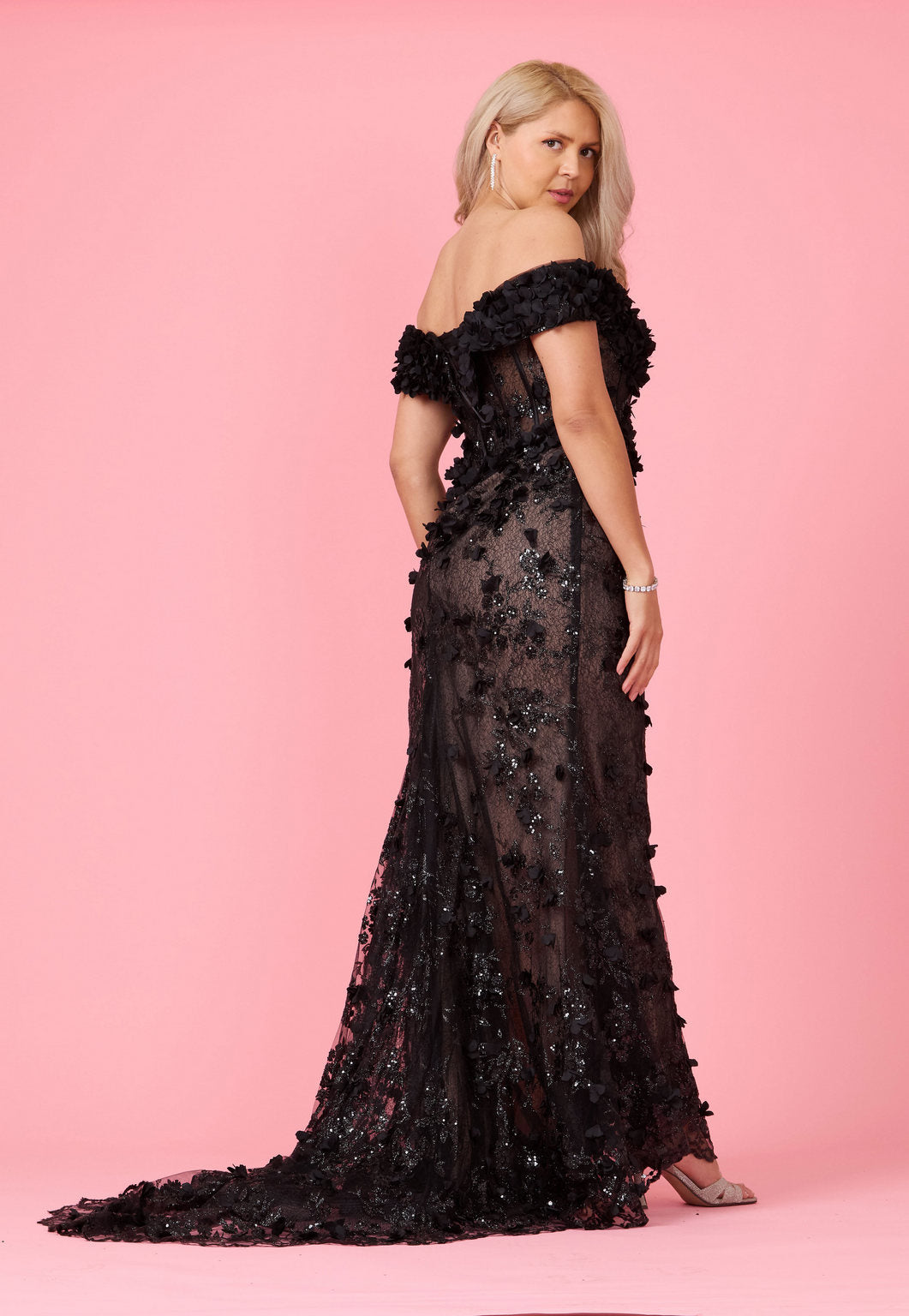 Formal Dresses Long Formal Off the Shoulder 3D Floral Corset Dress Black