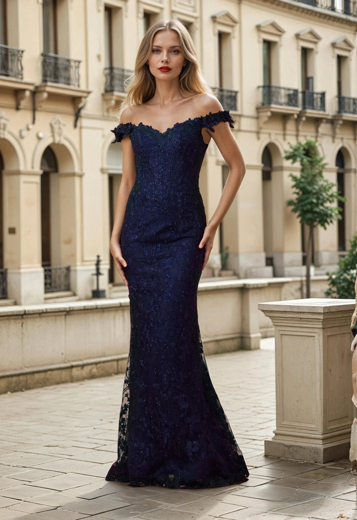Off Shoulder Vintage Lace Mother of The Bride Formal Evening Dress in Navy