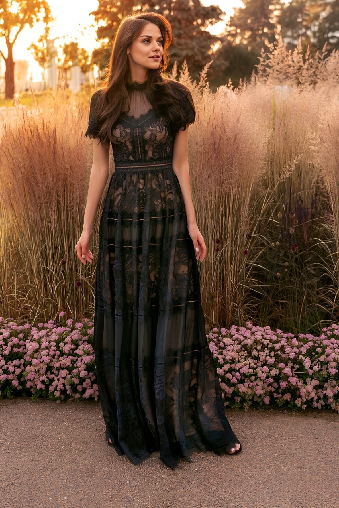 Long Lace Short Sleeve Formal Black Evening Dress