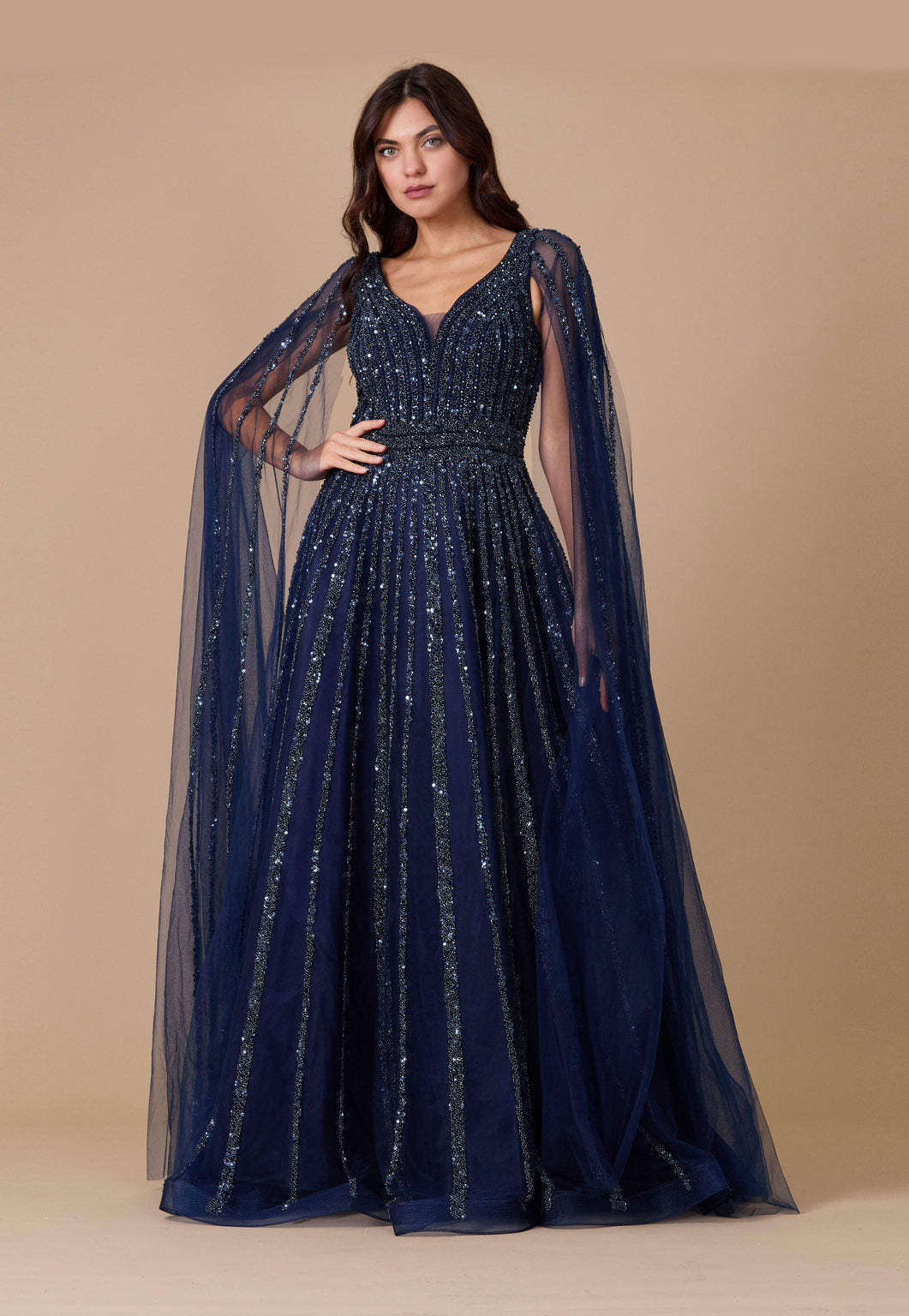 Formal Dresses Cape Sleeve Heavy Beaded Couture Formal Dress Navy