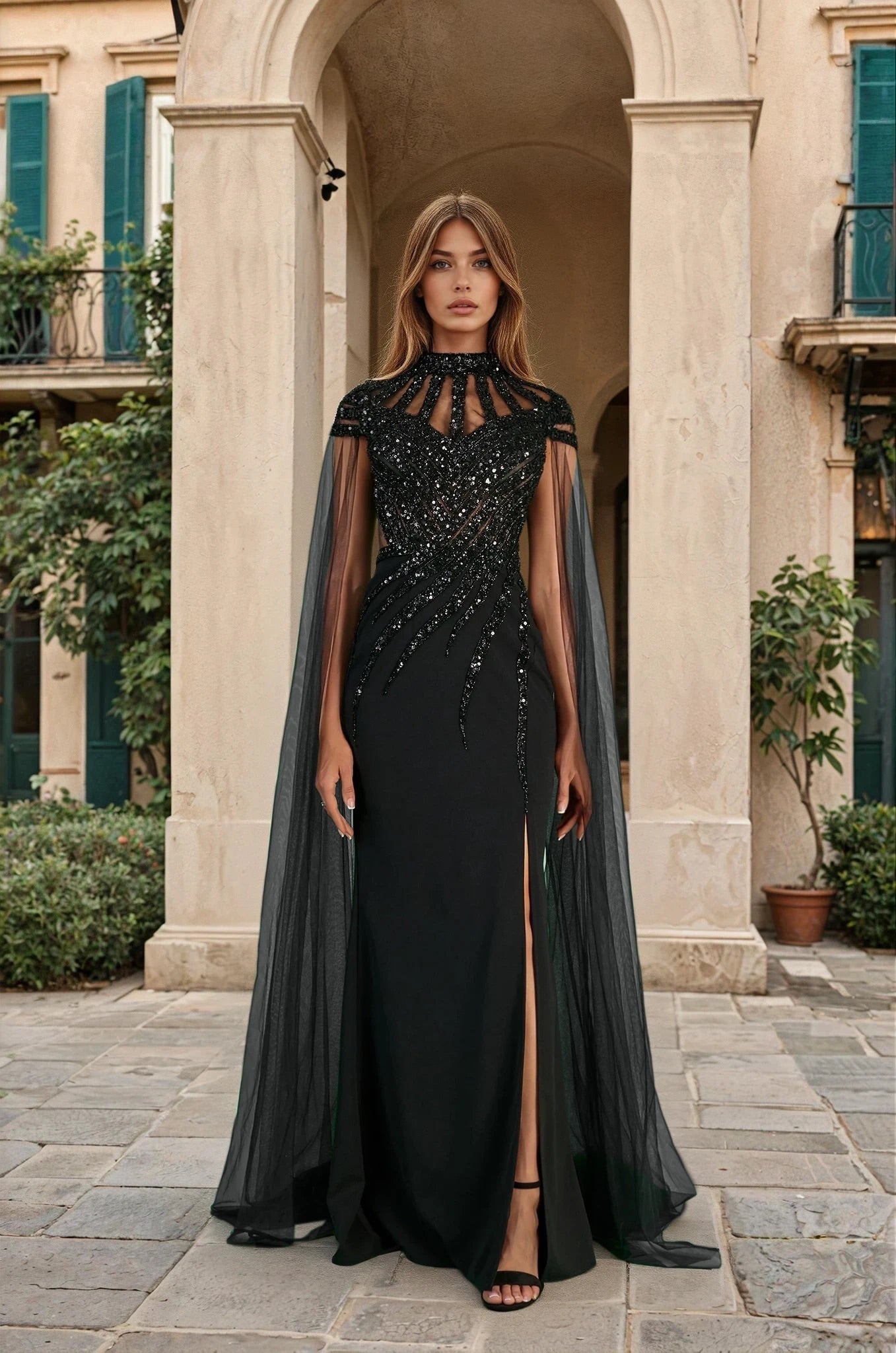 Luxury Couture Beaded Cape Black Fitted Formal Evening Dress