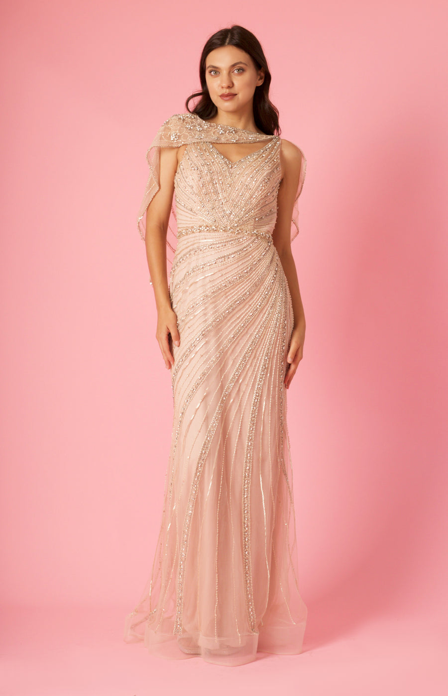 Formal Dresses Long Couture Beaded Formal Cape Dress Rosegold