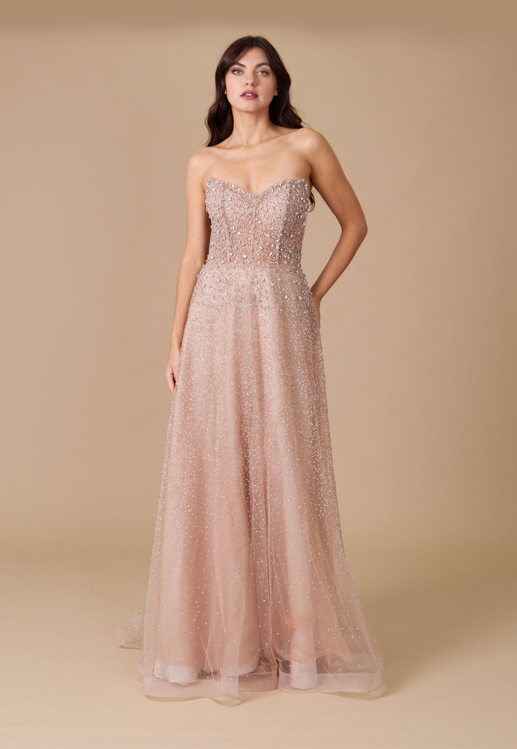Long Strapless Hand Beaded Formal Couture Dress