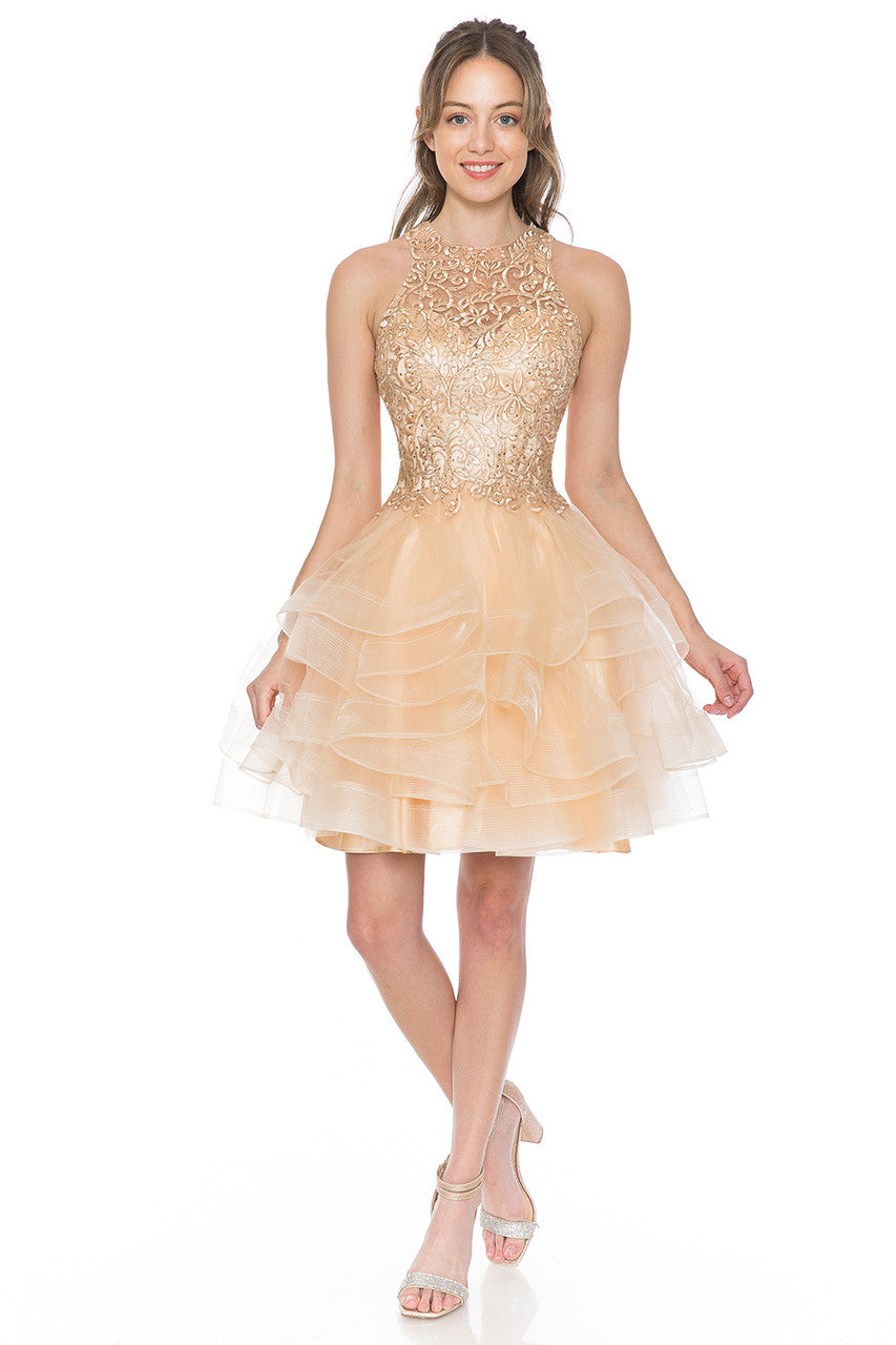 Cocktail Dresses Short Cocktail Ruffle Beaded Homecoming Dress Lenovia 8163 Champagne Gold