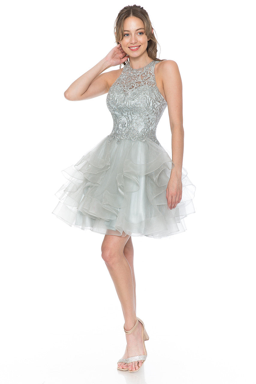 Cocktail Dresses Short Cocktail Ruffle Beaded Homecoming Dress Lenovia 8163 Silver