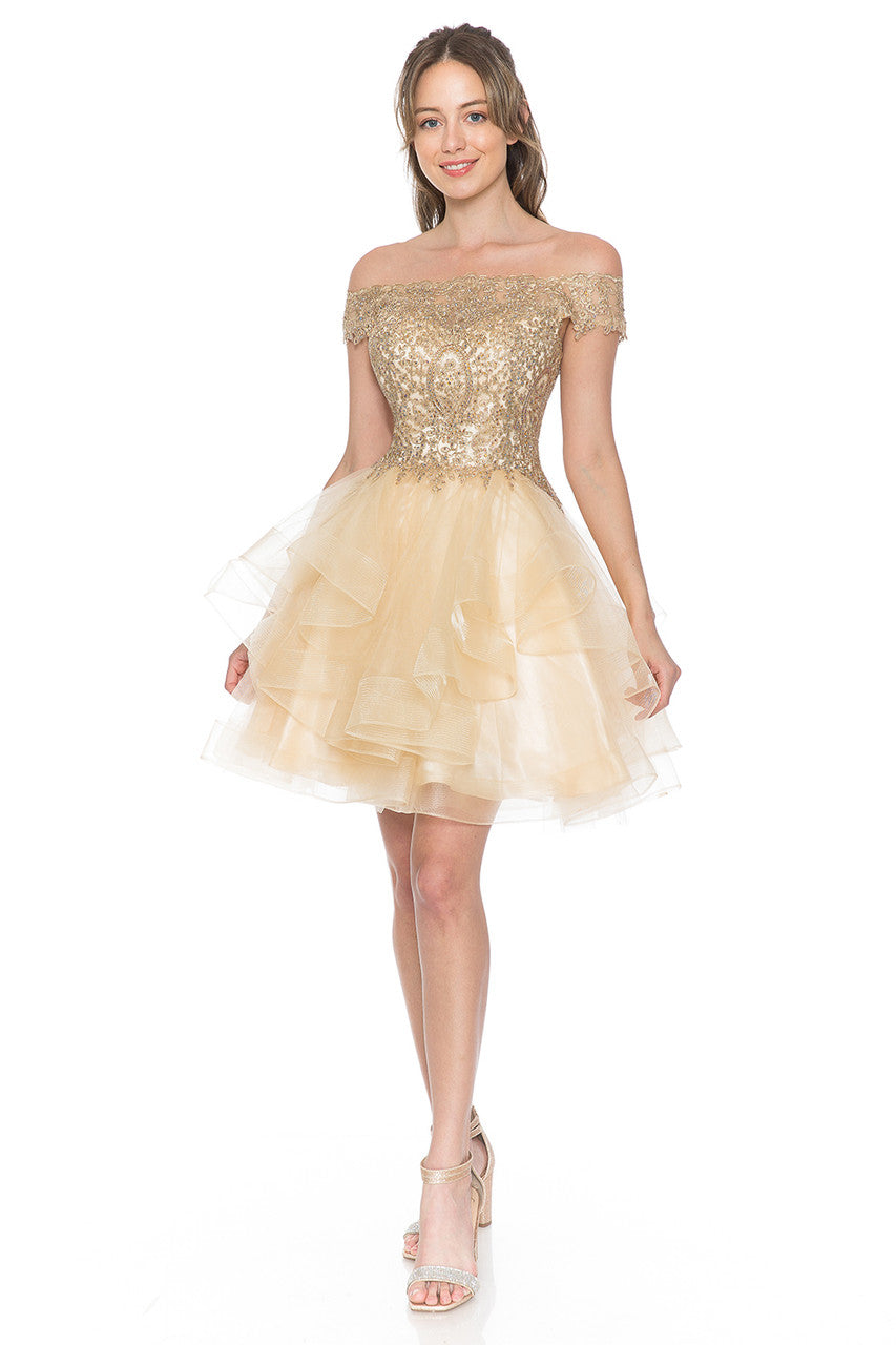 Cocktail Dresses Short Homecoming Ruffle Beaded Cocktail Dress Lenovia 8151 Champagne Gold