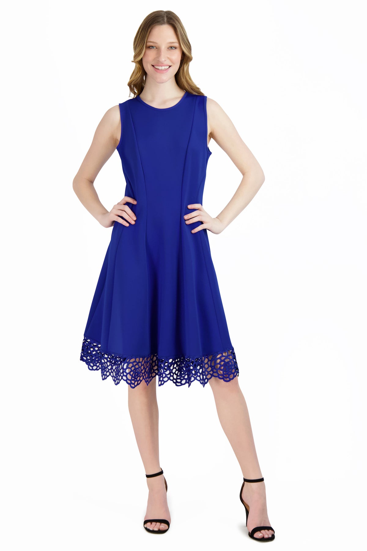 Donna Ricco Sleeveless Embroidered Hem A-Line Scuba Dress DR50170