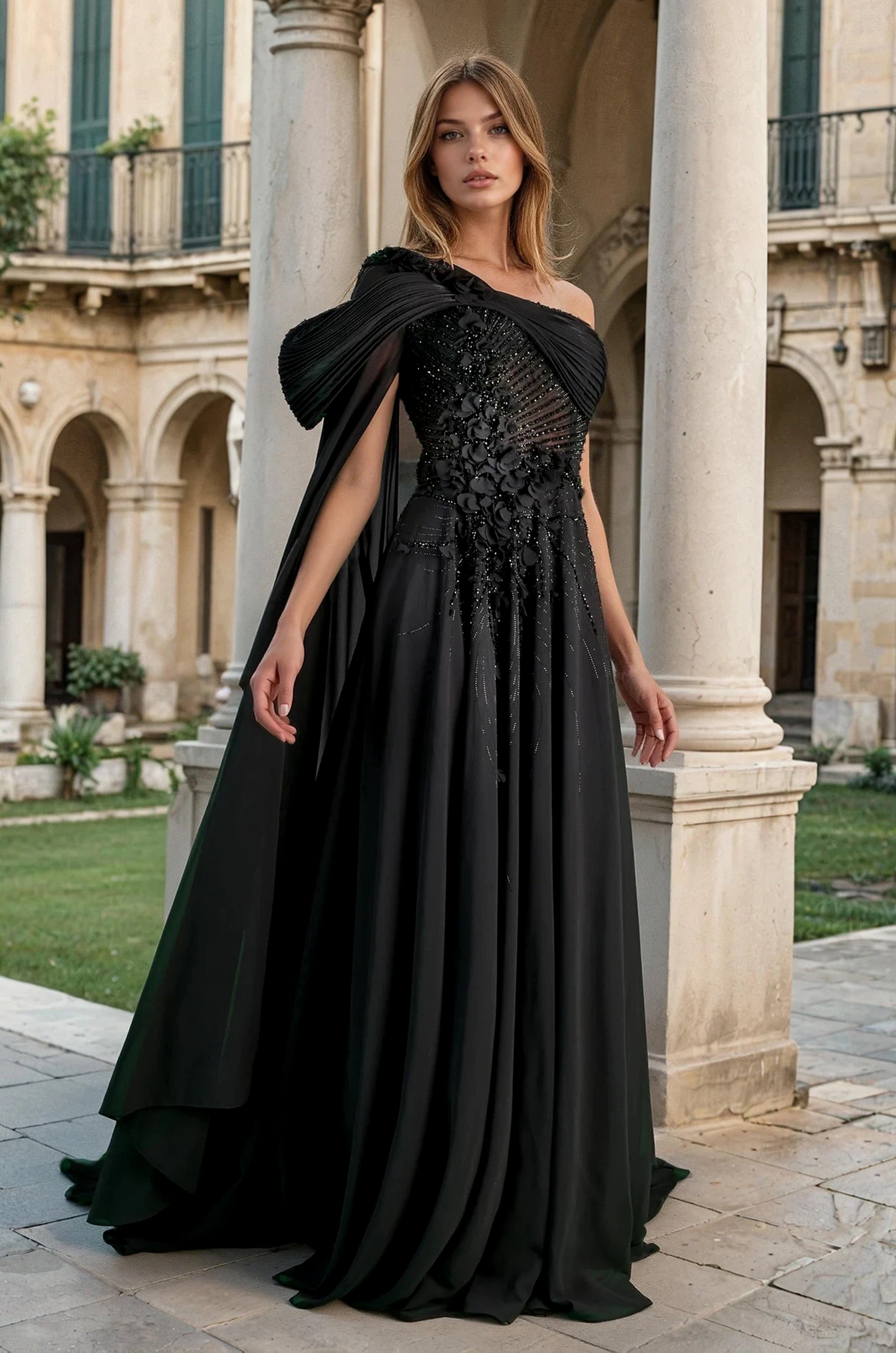 Black Sculpted Shoulder Evening Gown for Black-tie Event, Formal Weing 1373