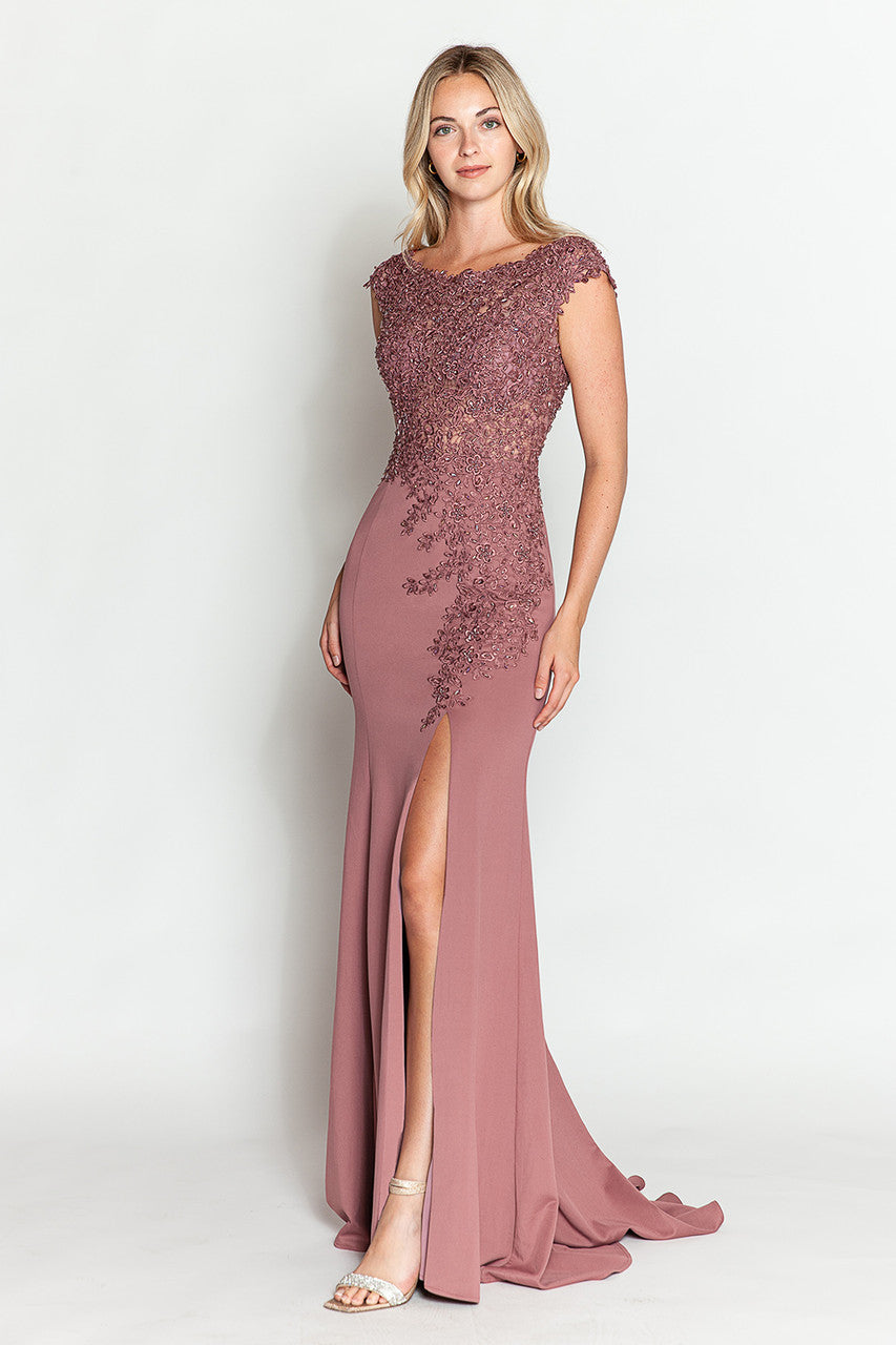 Formal Dresses Beaded Formal Long Floral Dress Lenovia 8343 Dark Mauve-Crepe-8343-Beaded