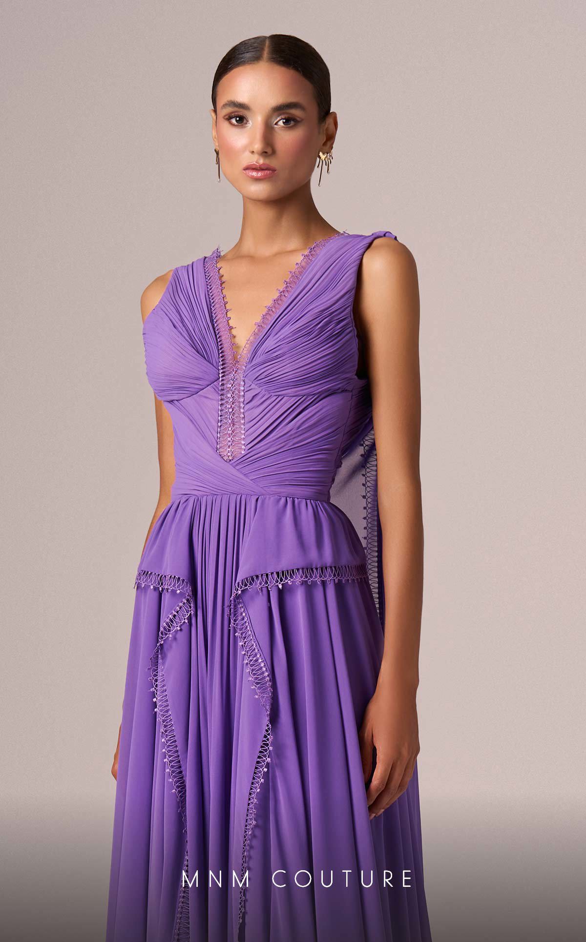 Formal Dresses Cape Long Pleated Formal Dress MNM Couture E0086 Purple