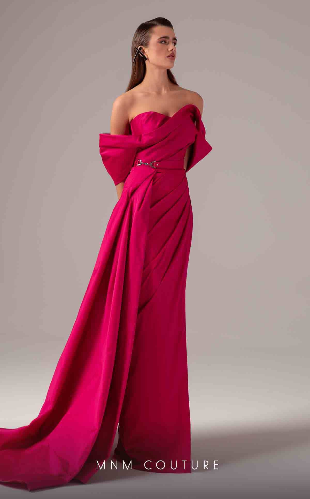 Off-Shoulder Floor-Length Satin Formal Gown by MNM Couture E0090 in Pink