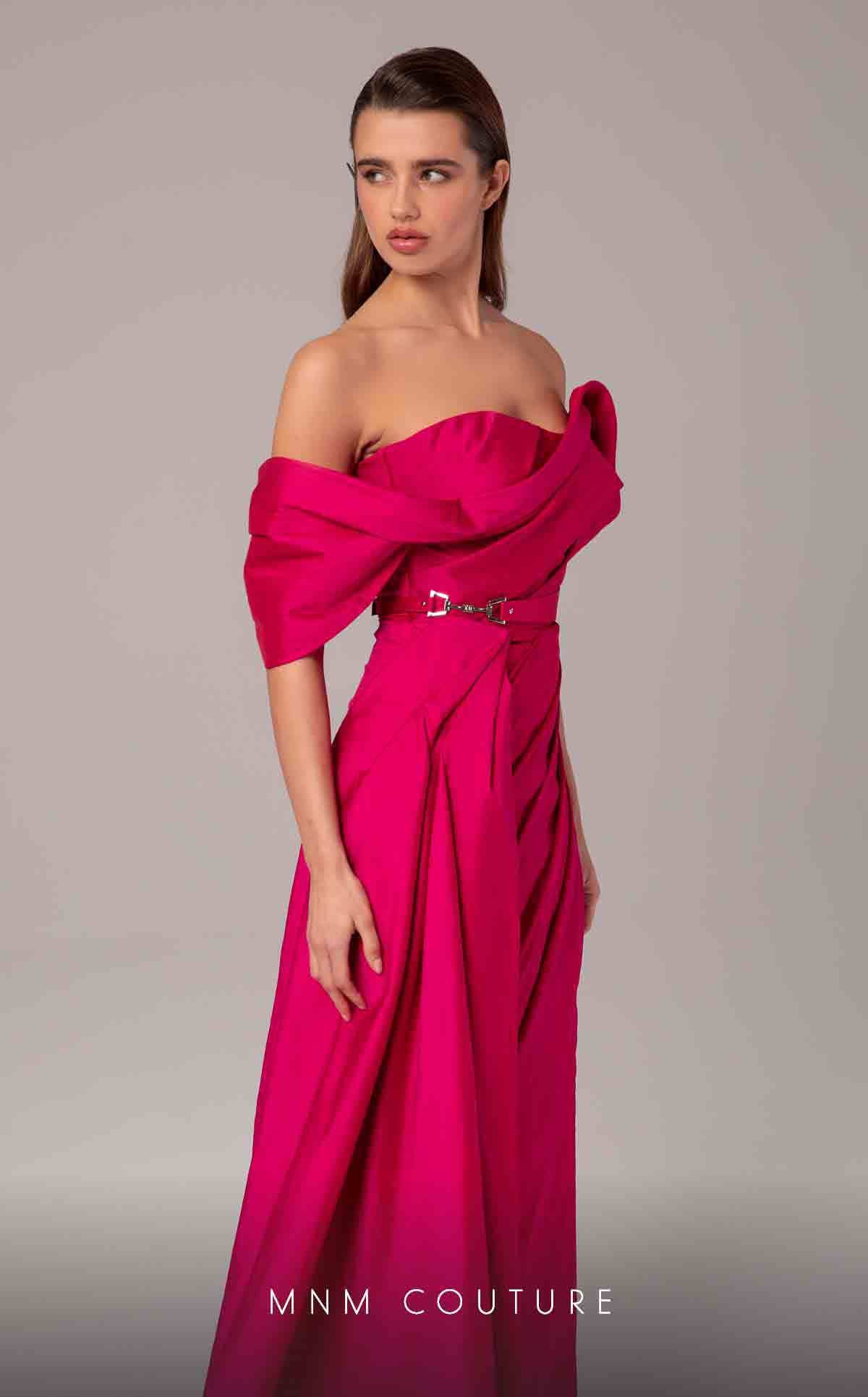 Off-Shoulder Floor-Length Satin Formal Gown by MNM Couture E0090 in Pink