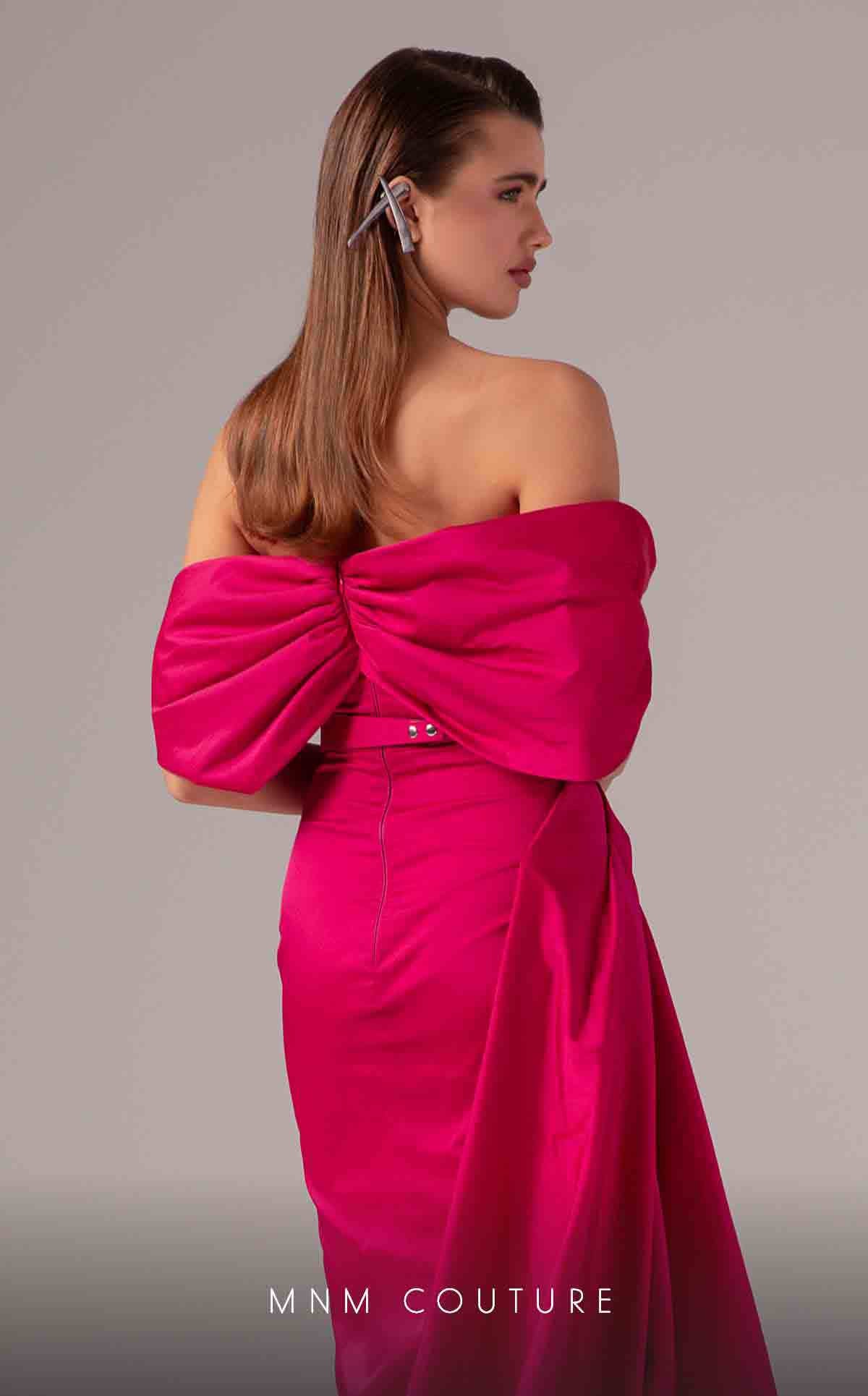Off-Shoulder Floor-Length Satin Formal Gown by MNM Couture E0090 in Pink
