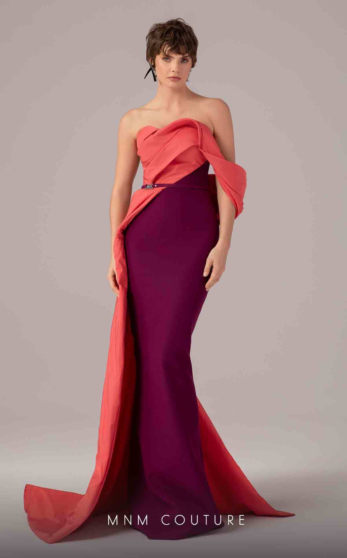 Strapless Gown with Draped Overlay by MNM Couture E0091 in Purple