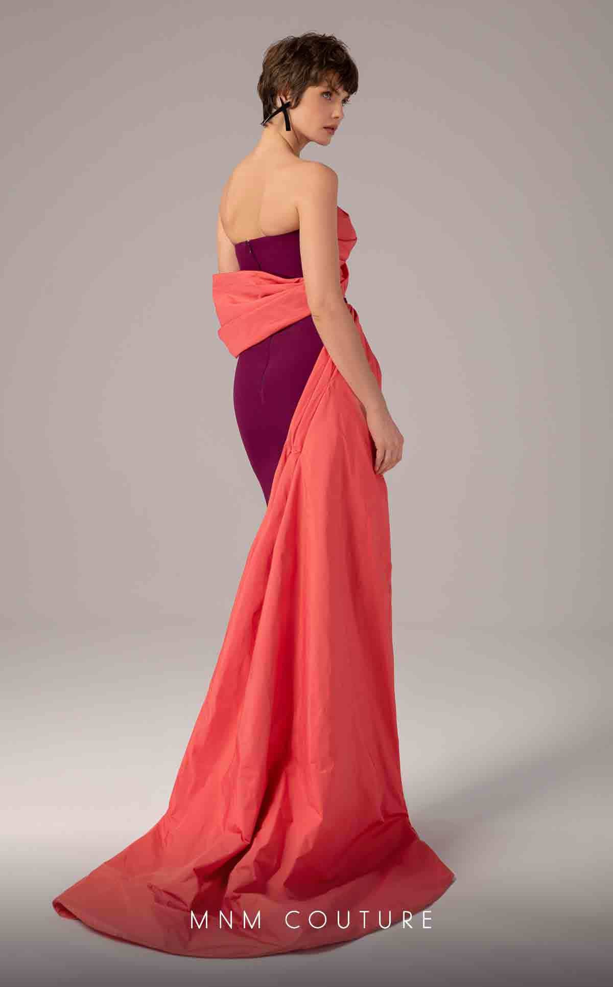 Strapless Gown with Draped Overlay by MNM Couture E0091 in Purple