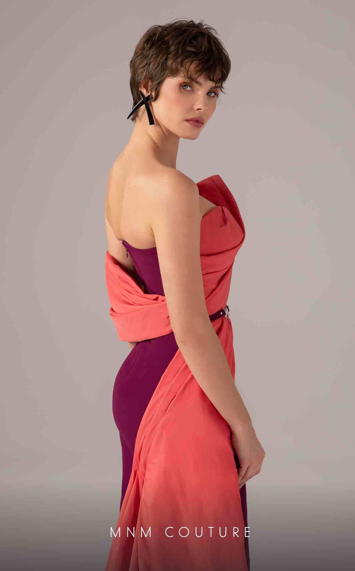 Strapless Gown with Draped Overlay by MNM Couture E0091 in Purple
