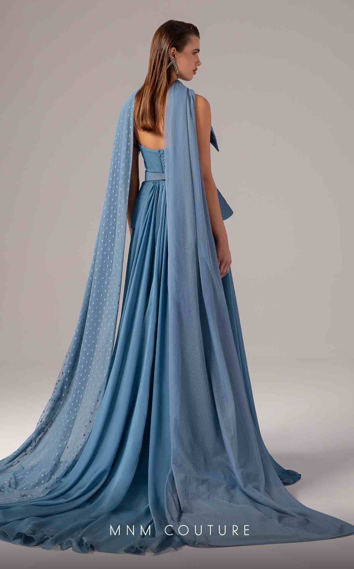 Strapless Floor Length Chiffon Evening Gown by MNM Couture E0096 in Blue