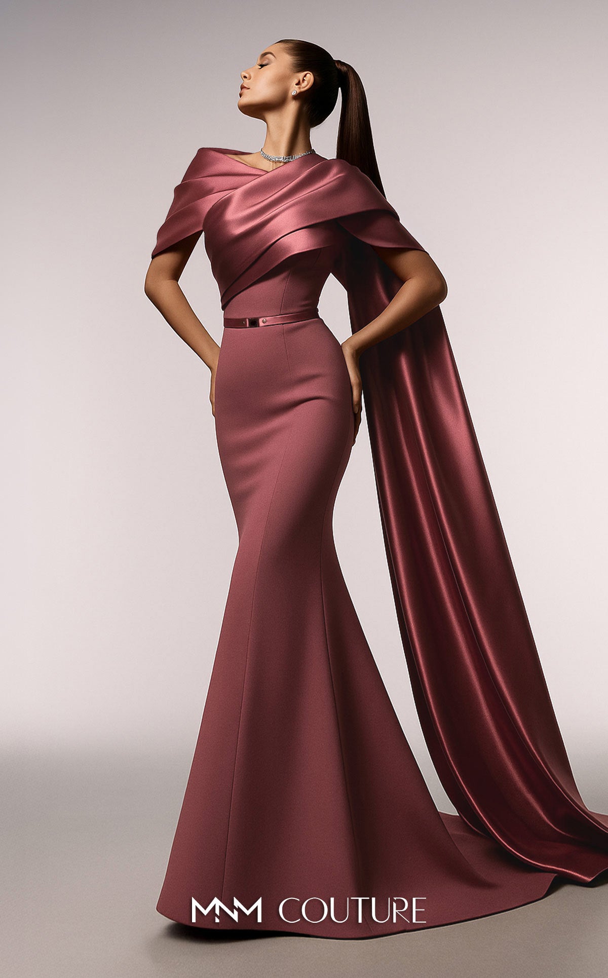 Off-Shoulder Gown with Draped Cape by MNM Couture E0125 in Mint