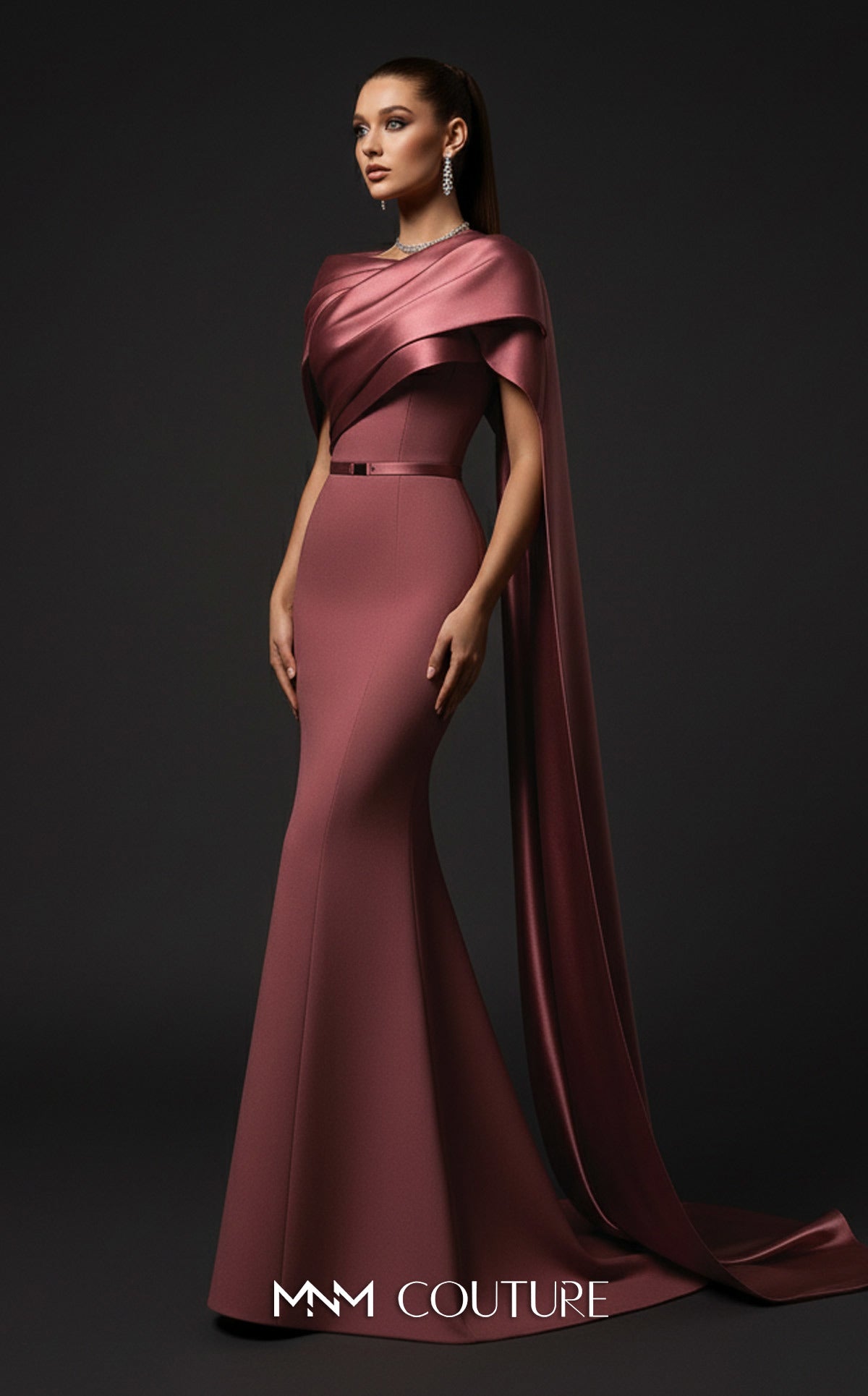 Off-Shoulder Gown with Draped Cape by MNM Couture E0125 in Mint