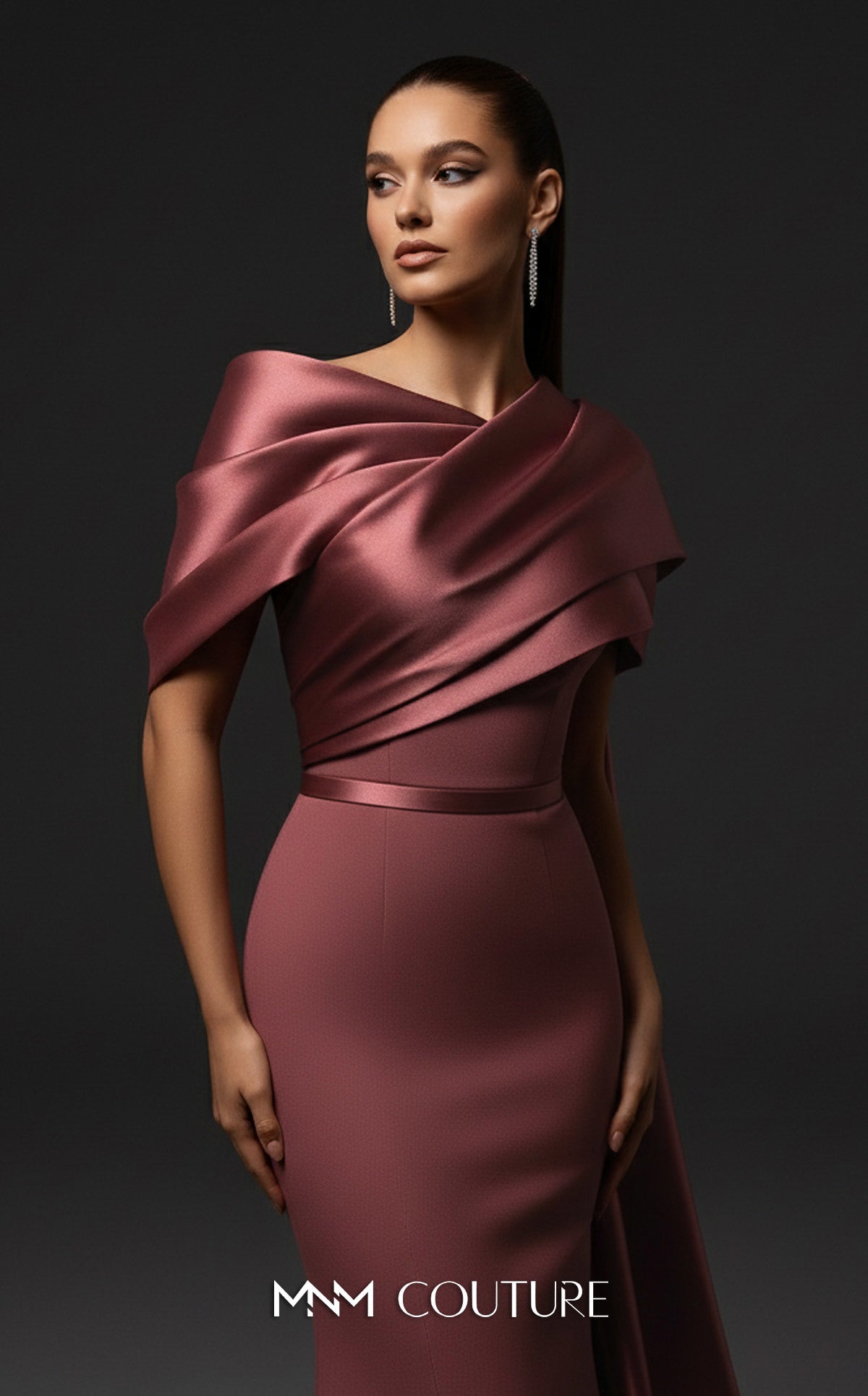 Off-Shoulder Gown with Draped Cape by MNM Couture E0125 in Mint