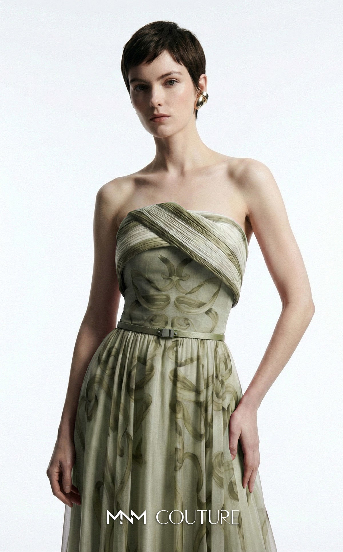 Strapless Long Tulle Formal Gown by MNM Couture E0129 in Olive