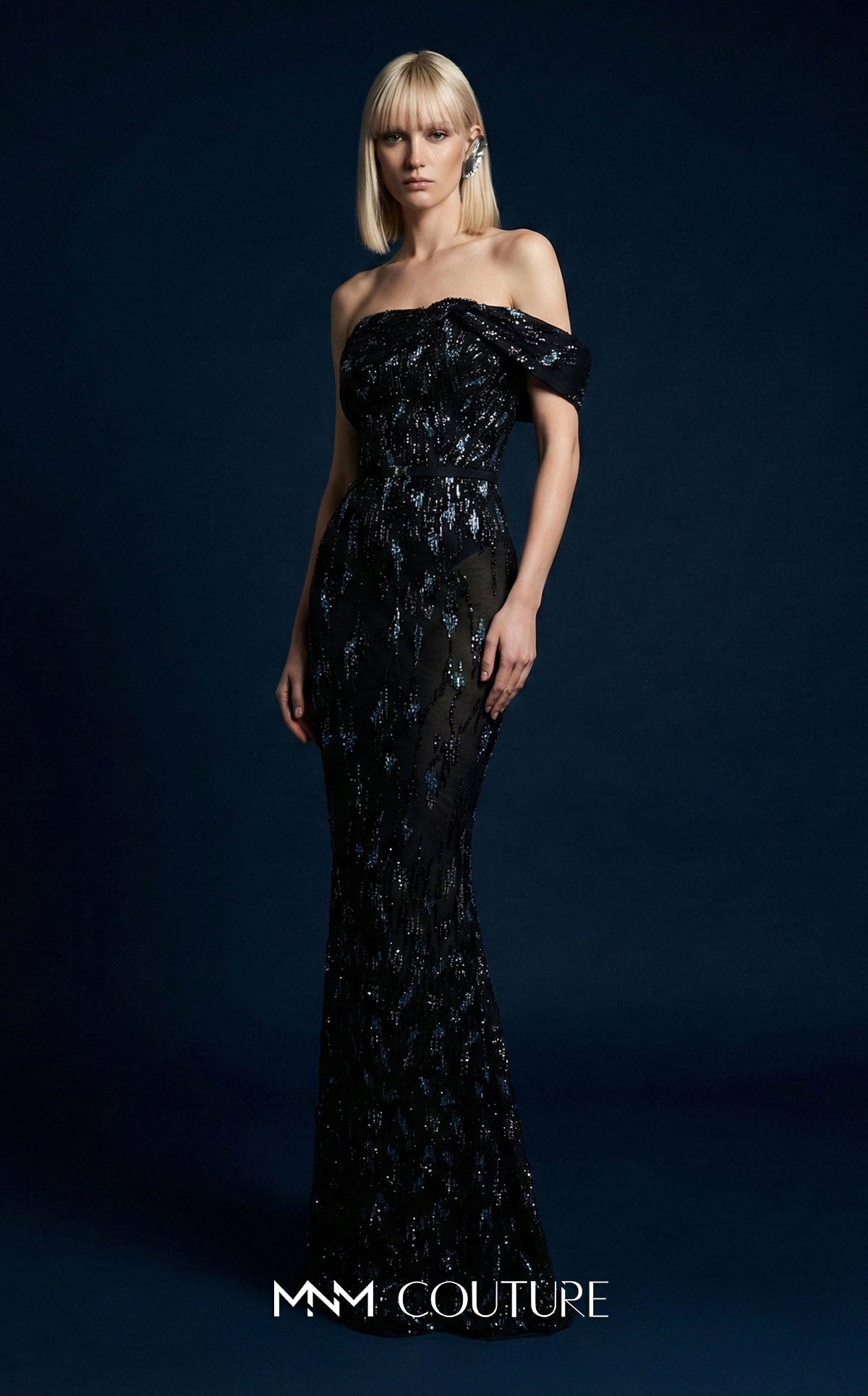 Off-the-Shoulder Floor-Length Sequin Evening Sheath MNM Couture E0148
