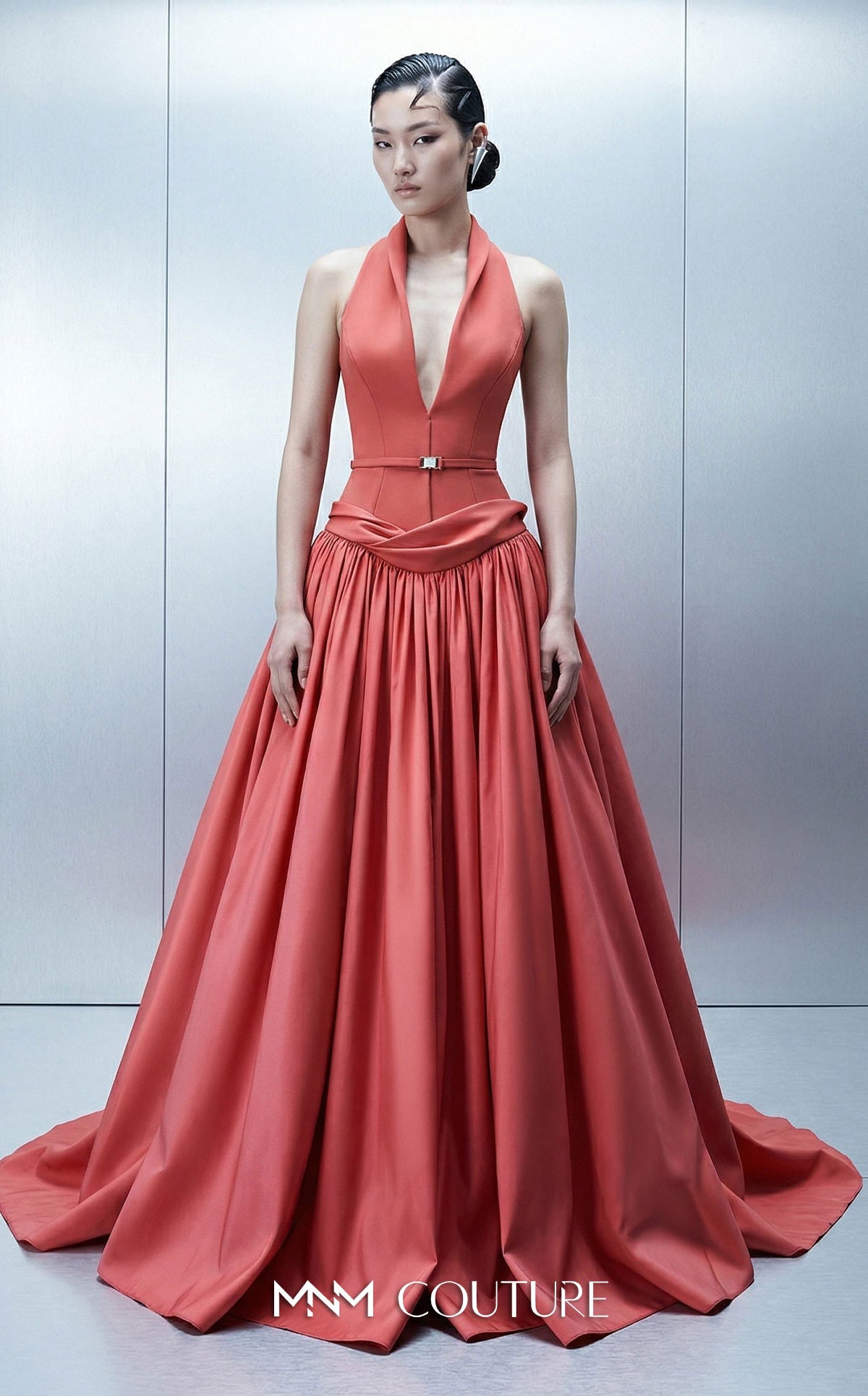 Halter Floor-Length Satin Evening Ball Gown MNM Couture E0163