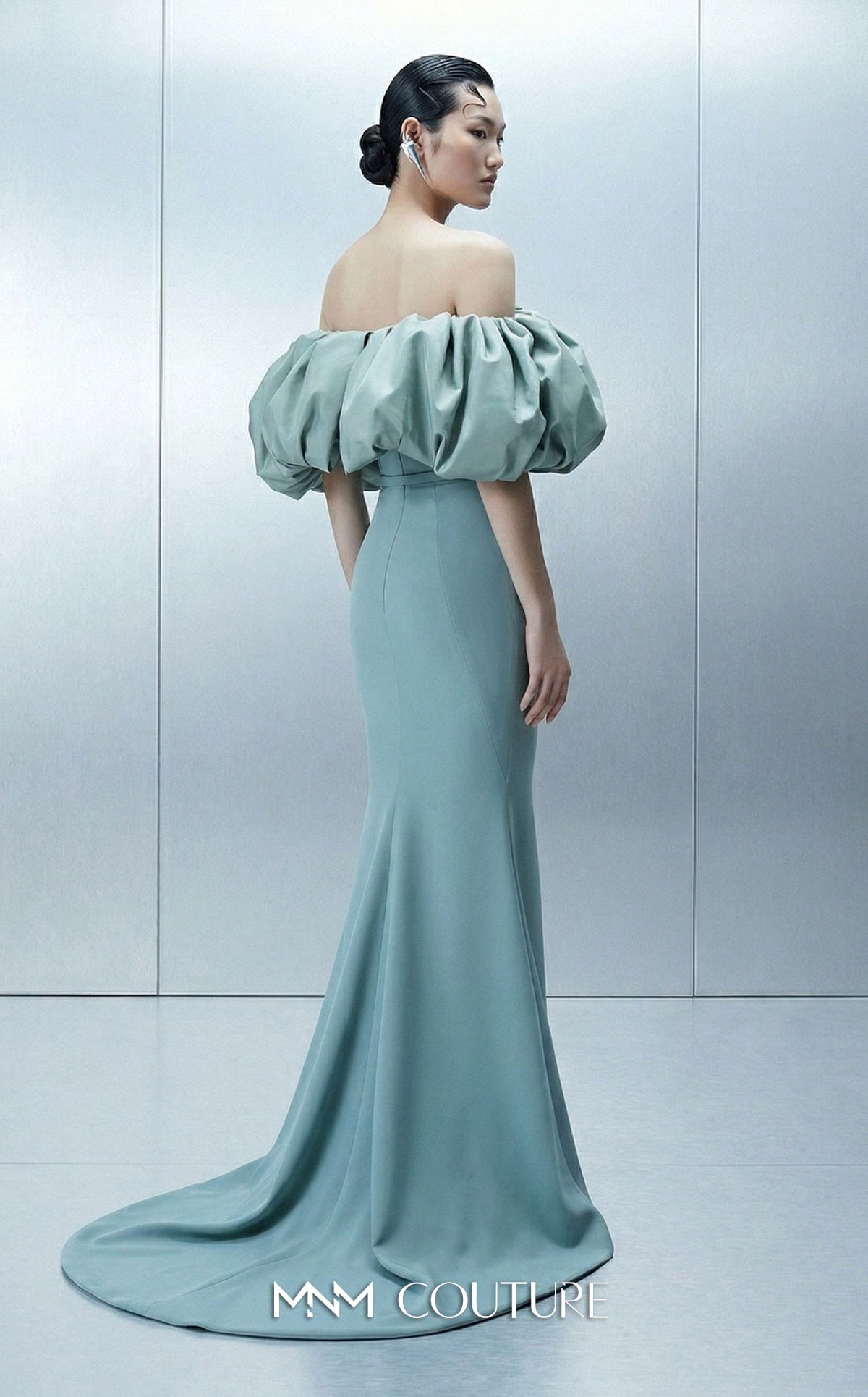 Off-the-Shoulder Floor-Length Satin Evening Mermaid M Couture E0165