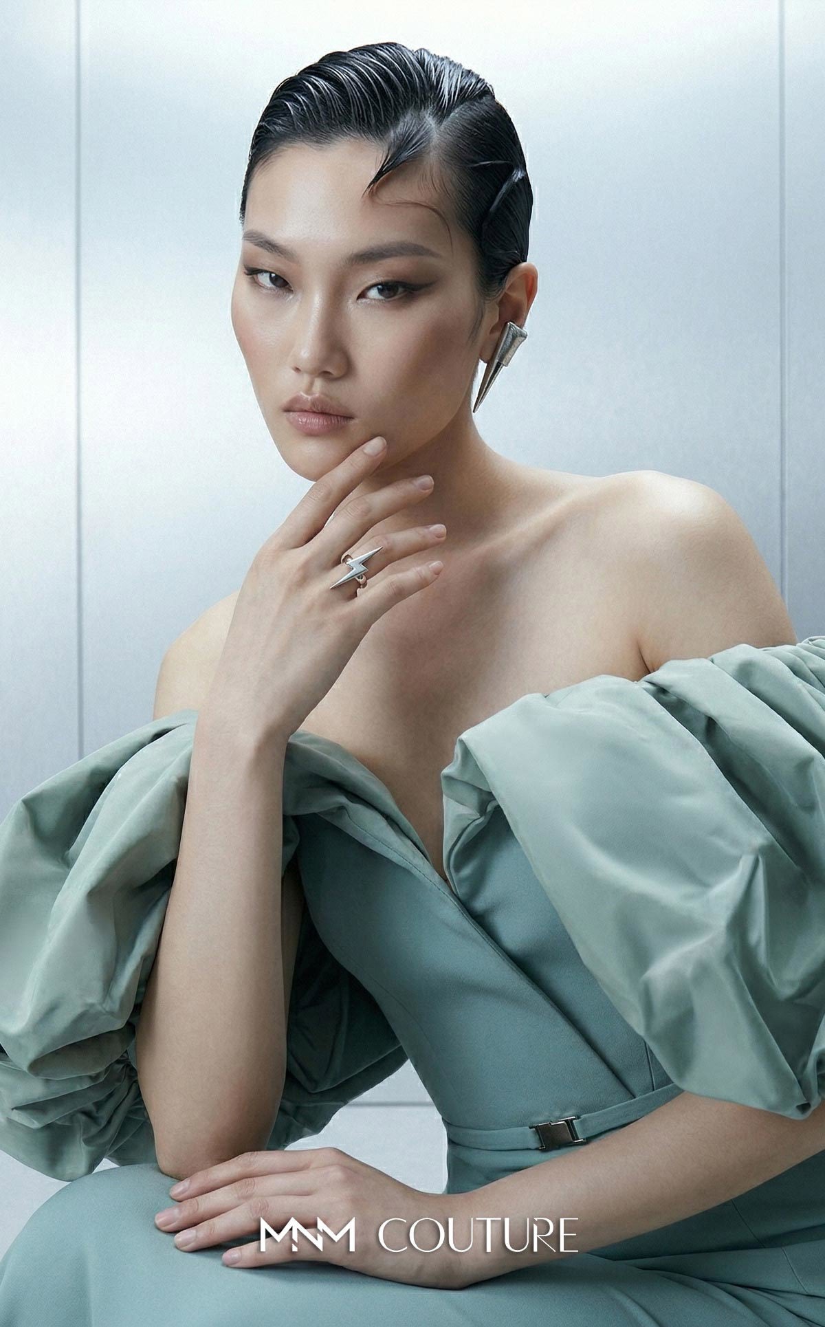 Off-the-Shoulder Floor-Length Satin Evening Mermaid M Couture E0165