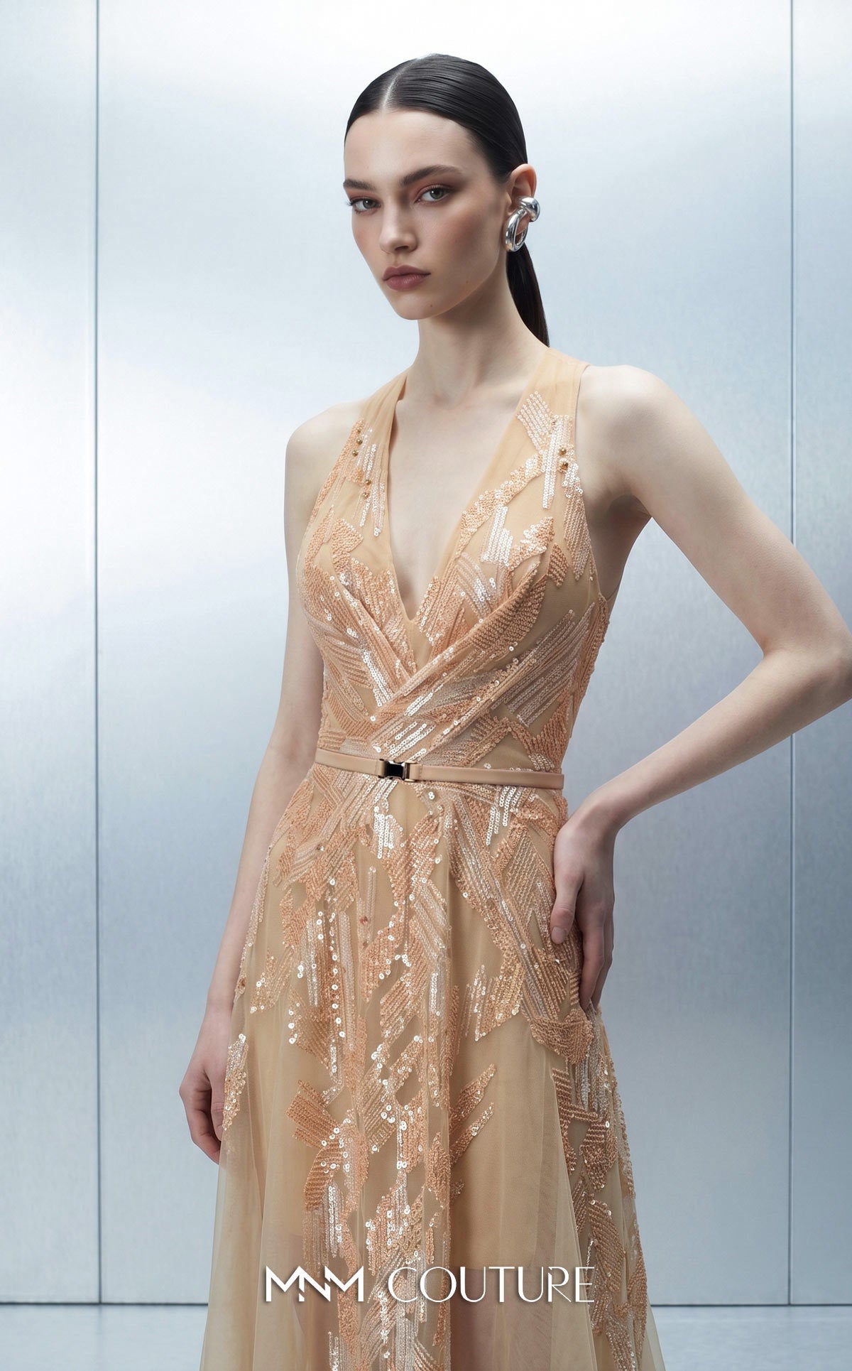 V-Neck Floor-Length Tulle Formal Mermaid MNM Couture E0170