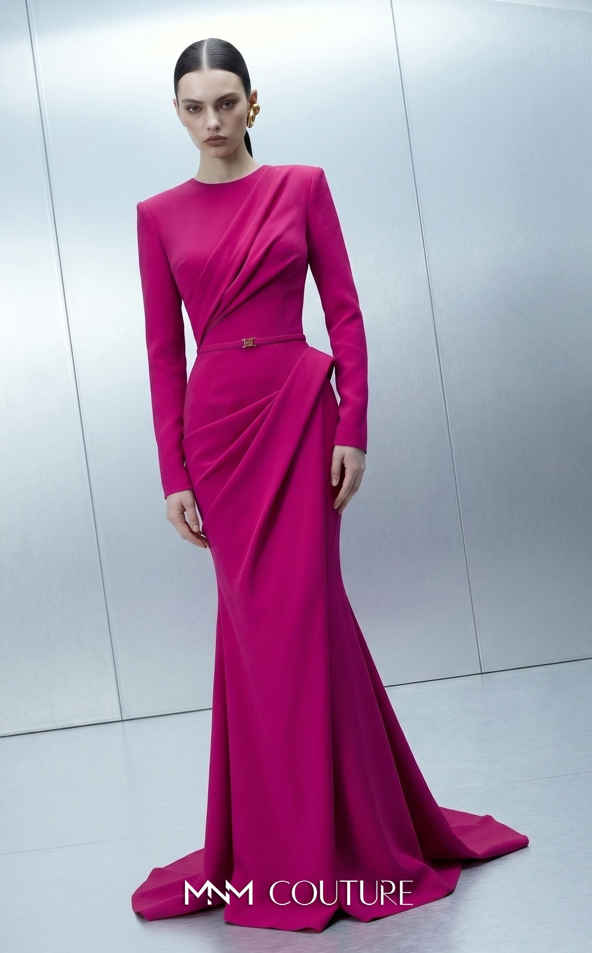 Fuchsia Crew Neck Floor-Length Crepe Formal Draped Mermaid Gown MNM Couture E0173